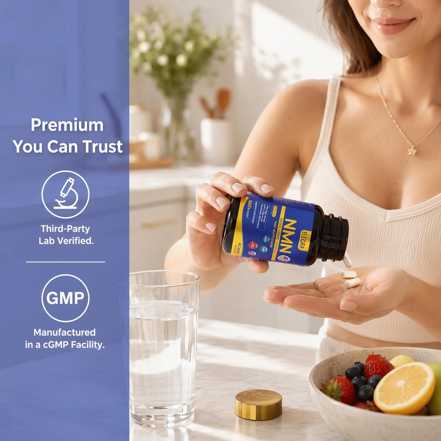 Elegra NMN Capsule 1000mg Enteric Coated with PQQ & Resveratrol, 99% Pure NMN, 60 Capsules