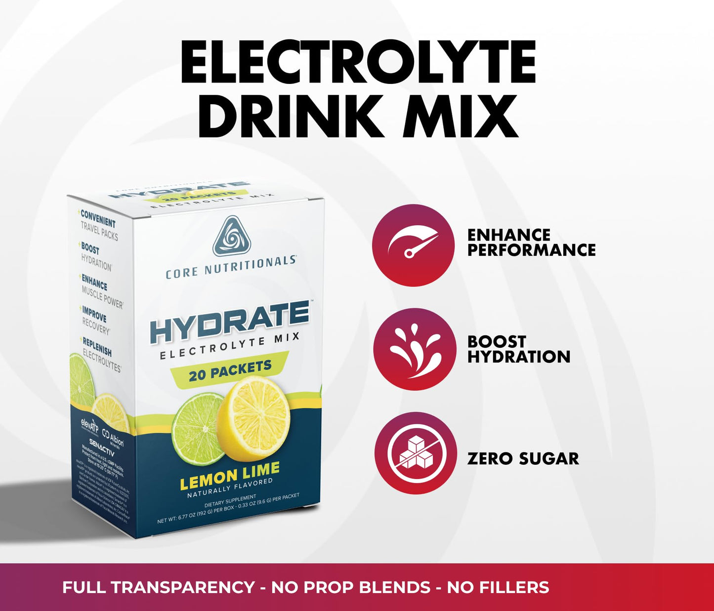 Core Nutritionals Hydrate Electrolyte Mix Powder Fun Sweets Cherry Berry 8 oz