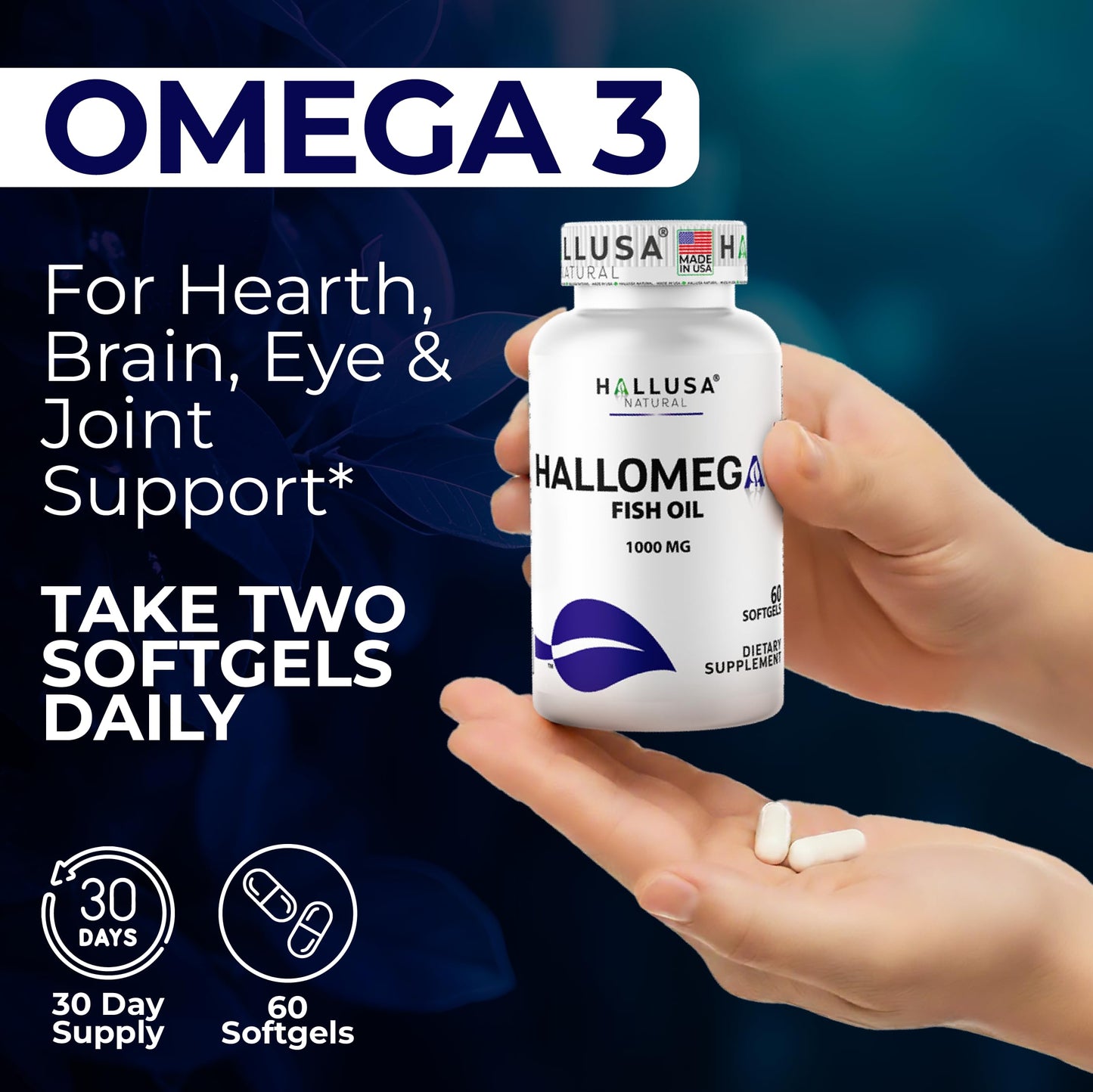 Hallusa Natural Omega 3 Fish Oil 1000mg with 800mg Omega-3, Essential Fatty Acids EPA & DHA, Heart, Brain & Eye Support Softgel 60