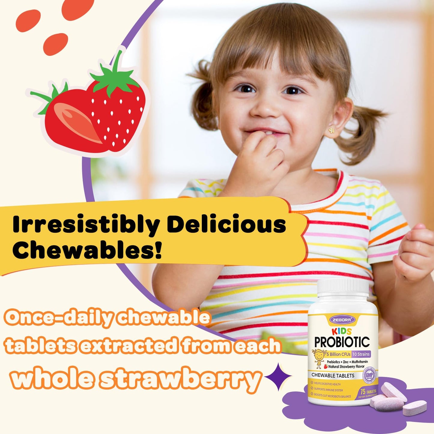 ZEBORA Kids Probiotic Chewables for Digestive Health with 5 Billion CFUs, Prebiotics and Probiotics for Gut Health, Immune Support, Vitamin C, Zinc, 150 Chewables