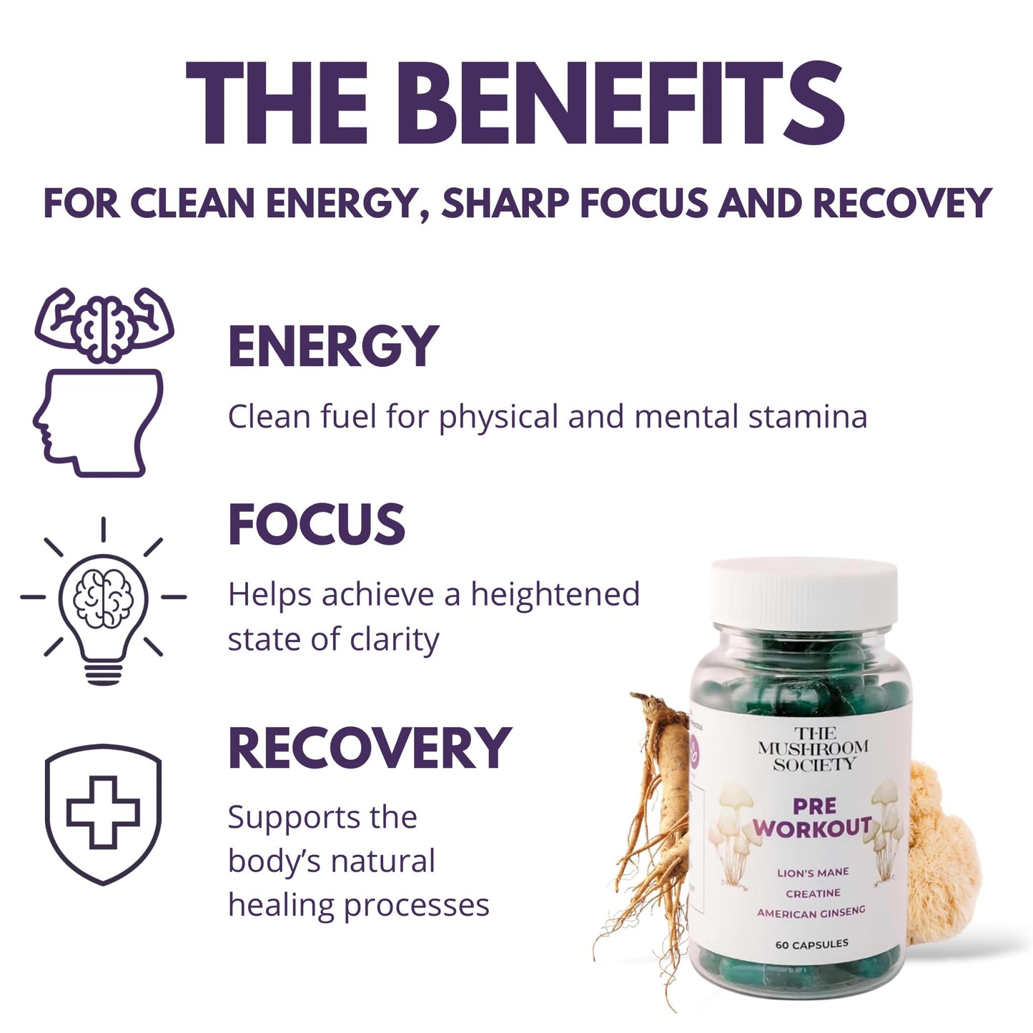 The Mushroom Society Pre-Workout Supplement Focus & Performance Stack with Lion’s Mane, Creatine, American Ginseng & Beta-Glucans – Natural Energy & Endurance Without Caffeine, 60 Capsules