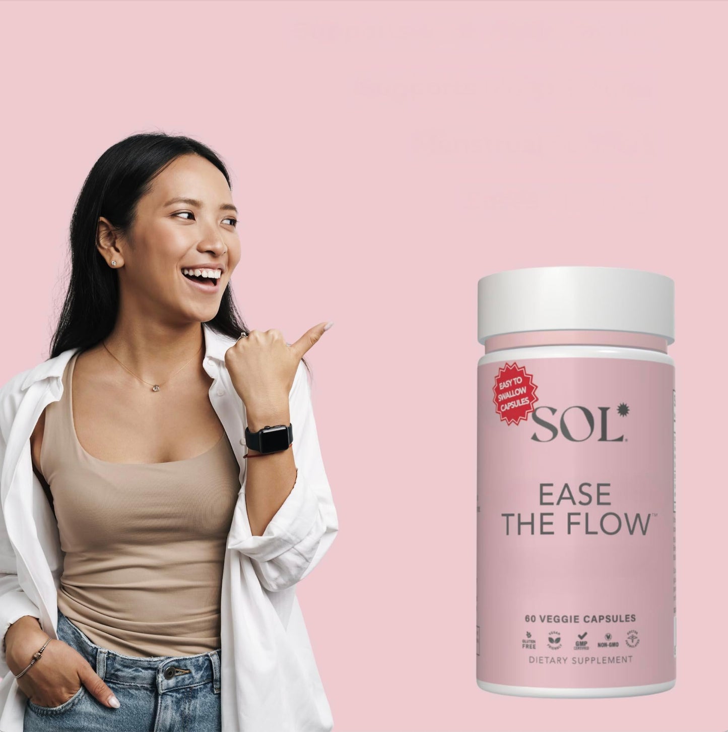 Sol Nutrition Ease the Flow PMS Support, Menstrual Relief, PMDD Supplements, Period Relief Products, Eases Bloating & Mood Swings, Vitamins B6 & B8, 60 Capsules