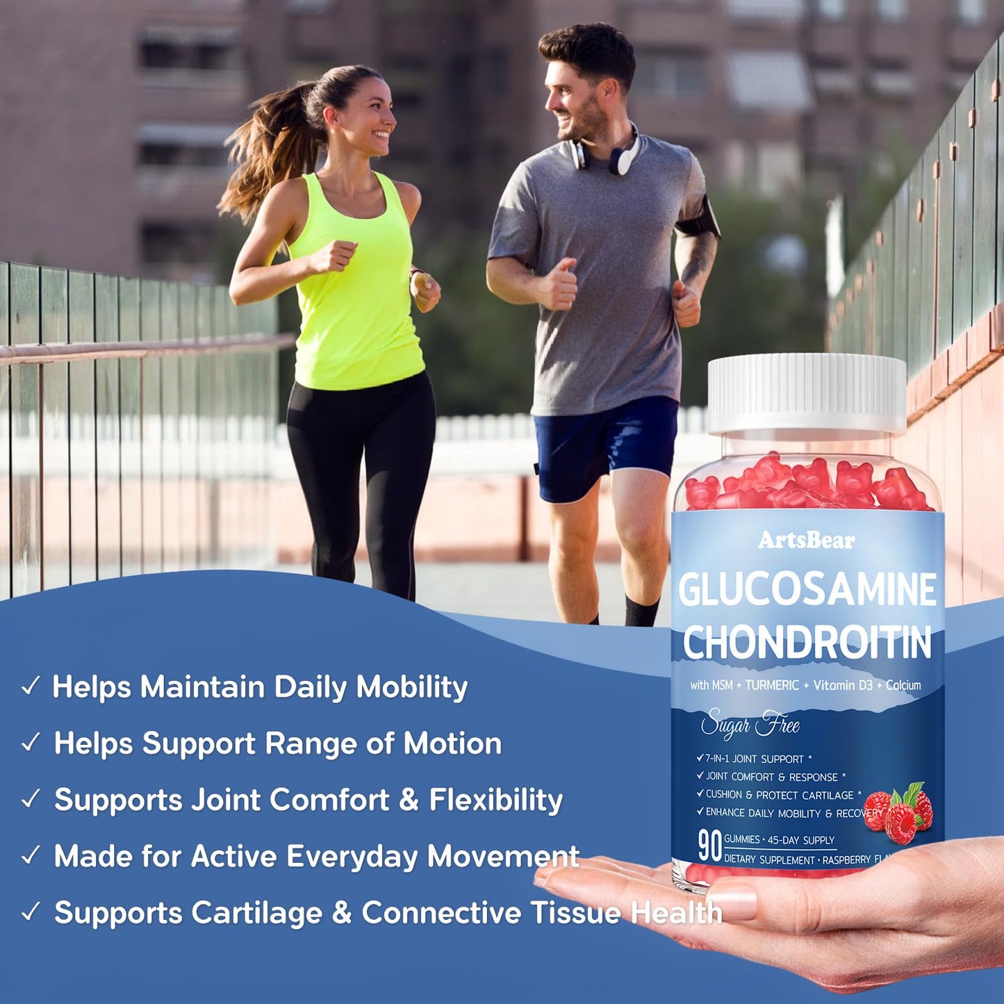 ArtsBear Glucosamine Chondroitin Gummies with MSM, Turmeric, Hyaluronic Acid & Vitamin D3-7-in-1 Joint Support, 90 Gummies