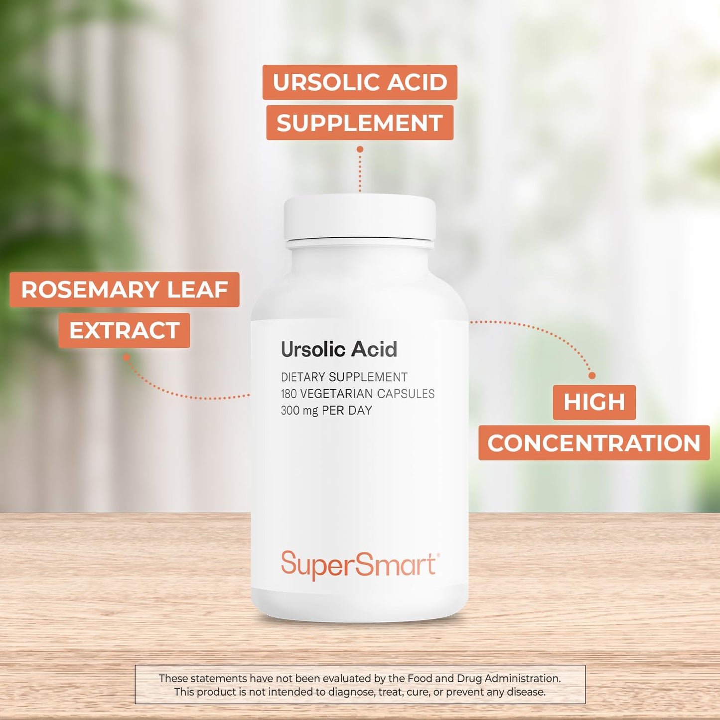 Supersmart Ursolic Acid 300mg per Day Rosemary Leaf Extract Supplement, 180 Capsules