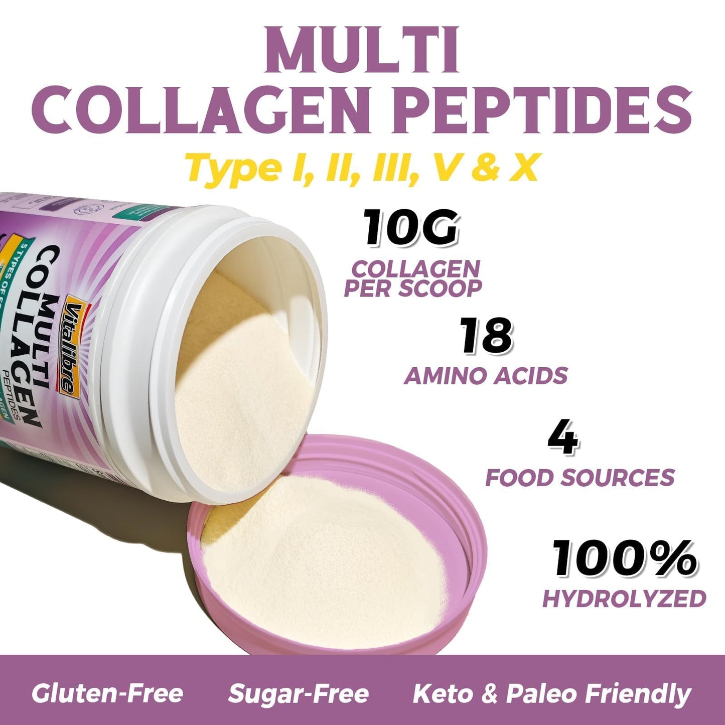 Vitalibre Multi Collagen Peptides Powder Type I II III V X, 8 oz