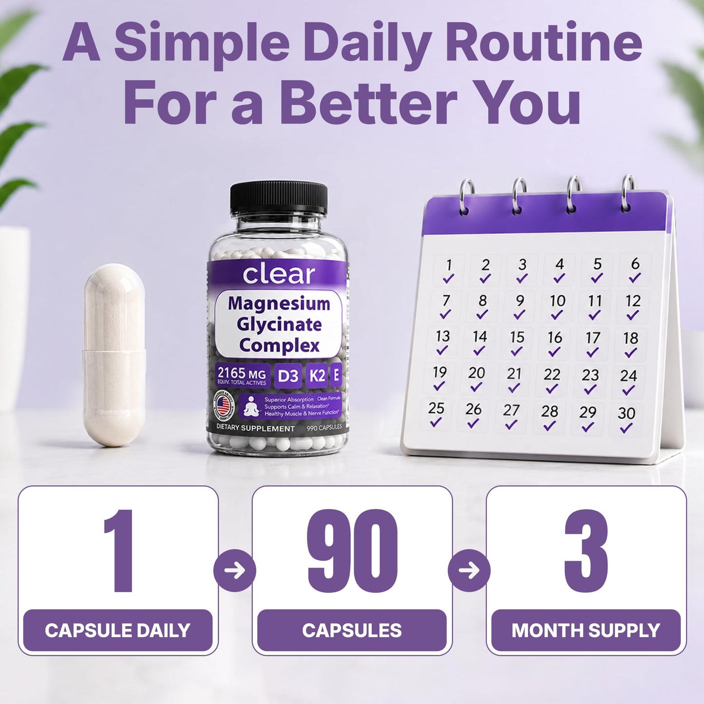 Clear Probiotics Magnesium Glycinate 160mg Chelated Supplement with D3 K2 E for Sleep Capsule 90 Count