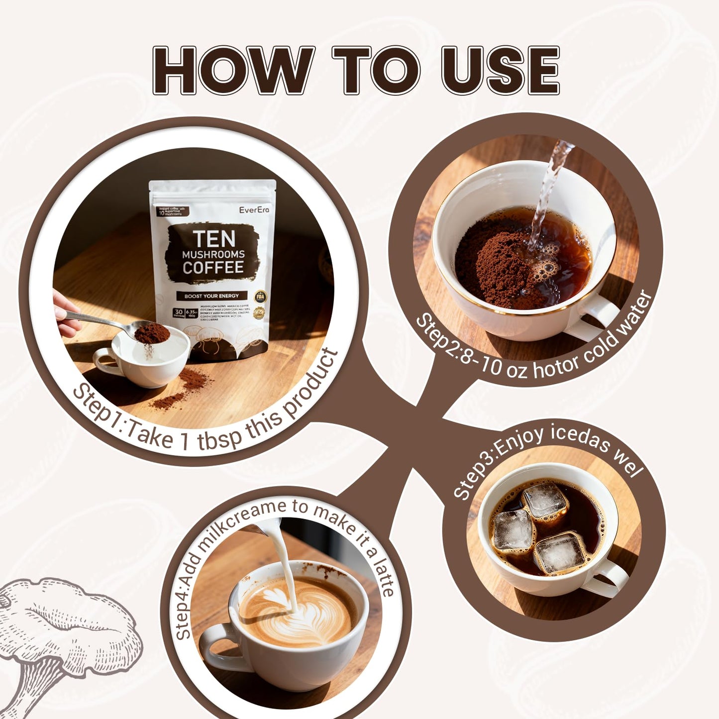 EverEra Organic Mushroom Coffee Powder, 6.35 Ounce, 30 Servings