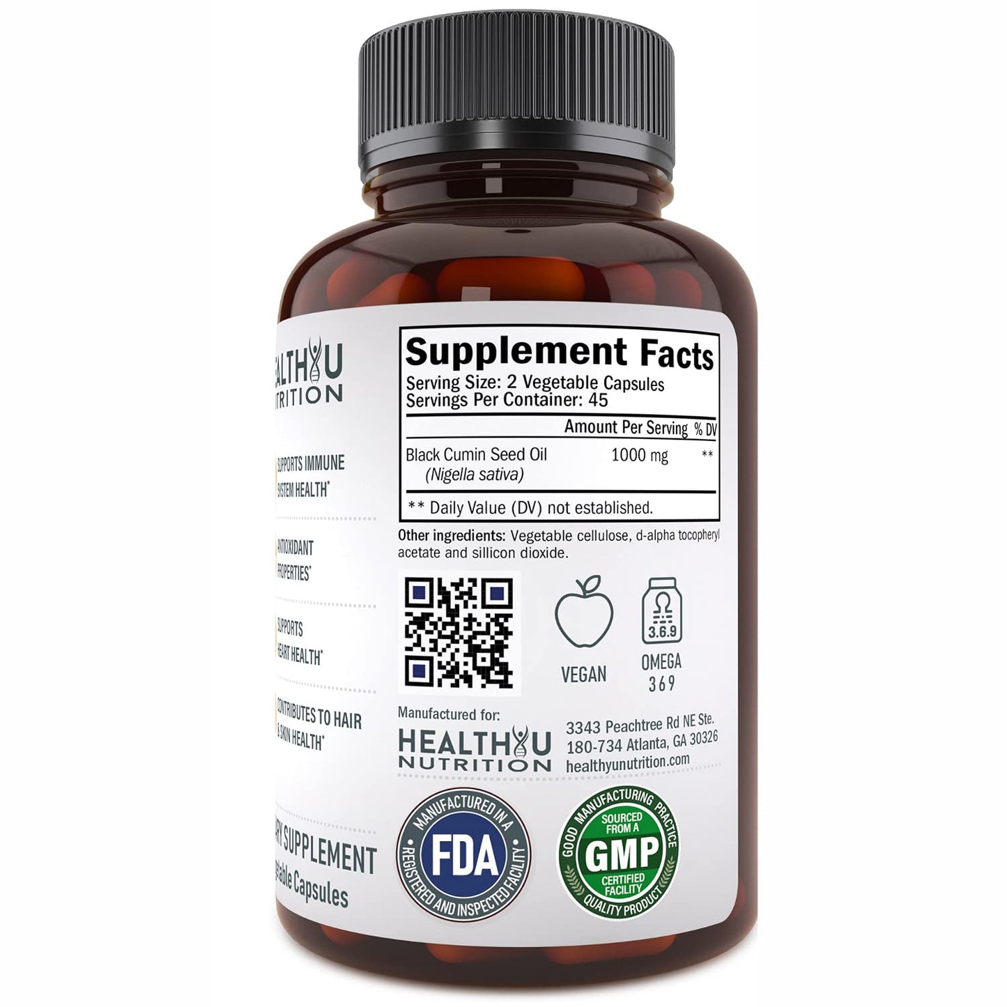 HEALTHYU NUTRITION Vegan Black Cumin Seed Oil Capsules 1000mg Cold Pressed Nigella Sativa 1 Count