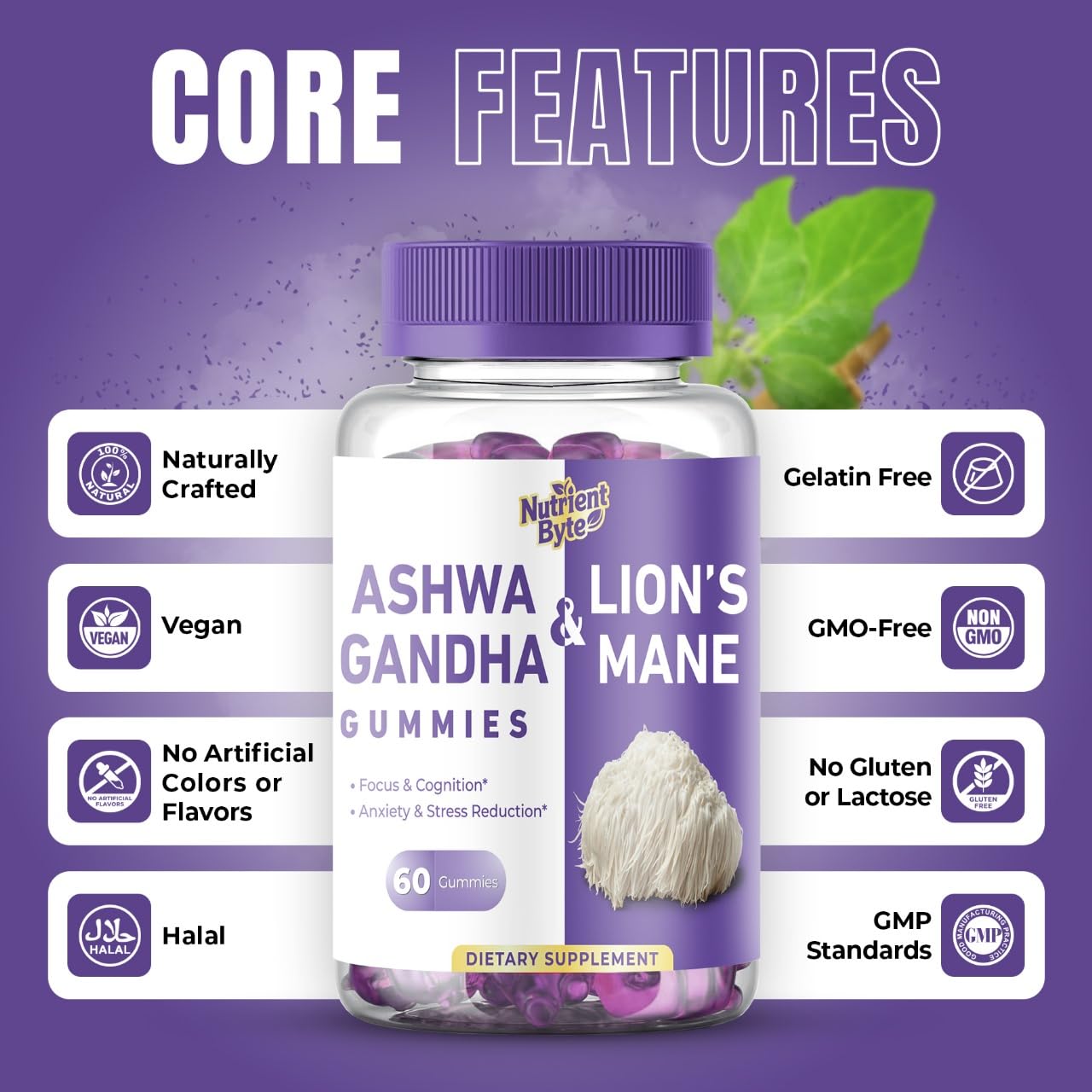 Nutrient Byte Lionemane and Ashwagandha Gummies Adaptogenic Mushroom Blend with Rhodiola, Bacopa & Holy Basil – Brain, Mood & Immune Support for Adults – Vegan – 60 Gummies