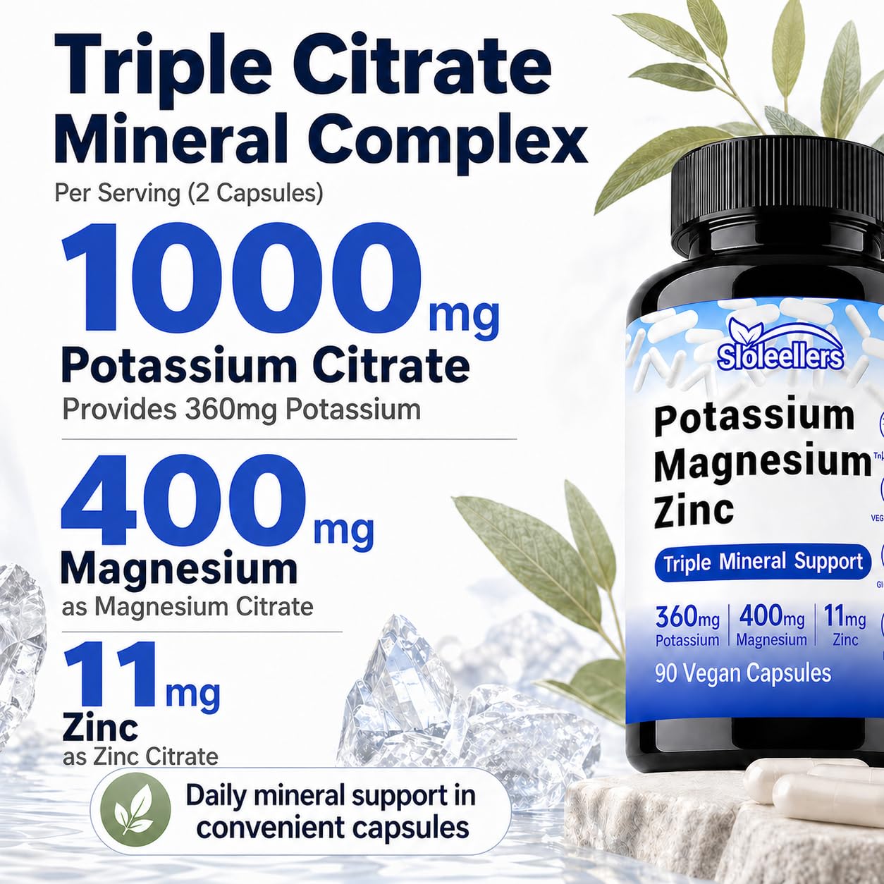 Sloleellers Potassium Magnesium Supplement with Zinc 1000mg Potassium Citrate, 400mg Magnesium, 90 Capsules