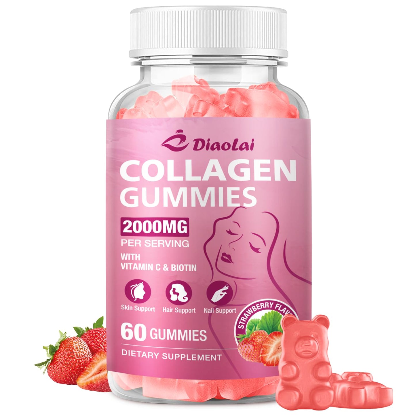 DIAOLAI Sugar-Free Multi Collagen Gummies for Women & Men - Types I, II, III, V, X with Biotin, Vitamin C & Zinc for Hair, Skin & Nails | Strawberry Flavor | 60 Gummies, 2-Pack