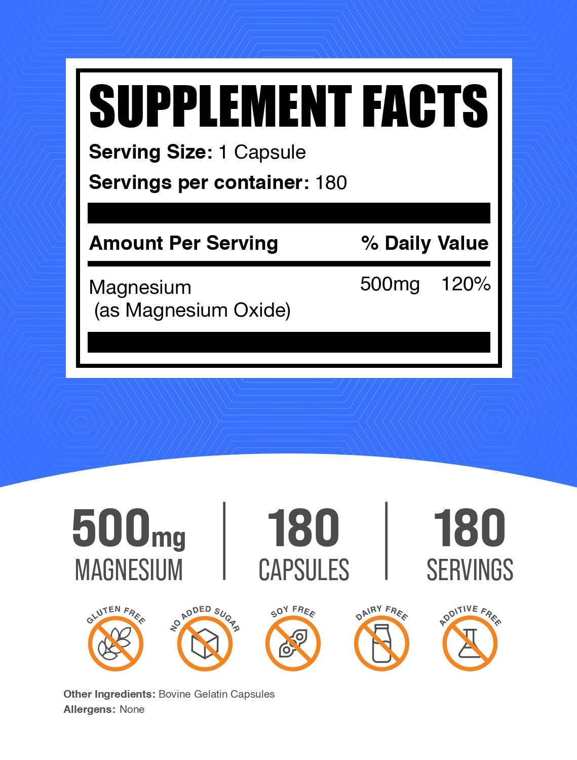 BulkSupplements Magnesium Oxide Capsules 180 Count