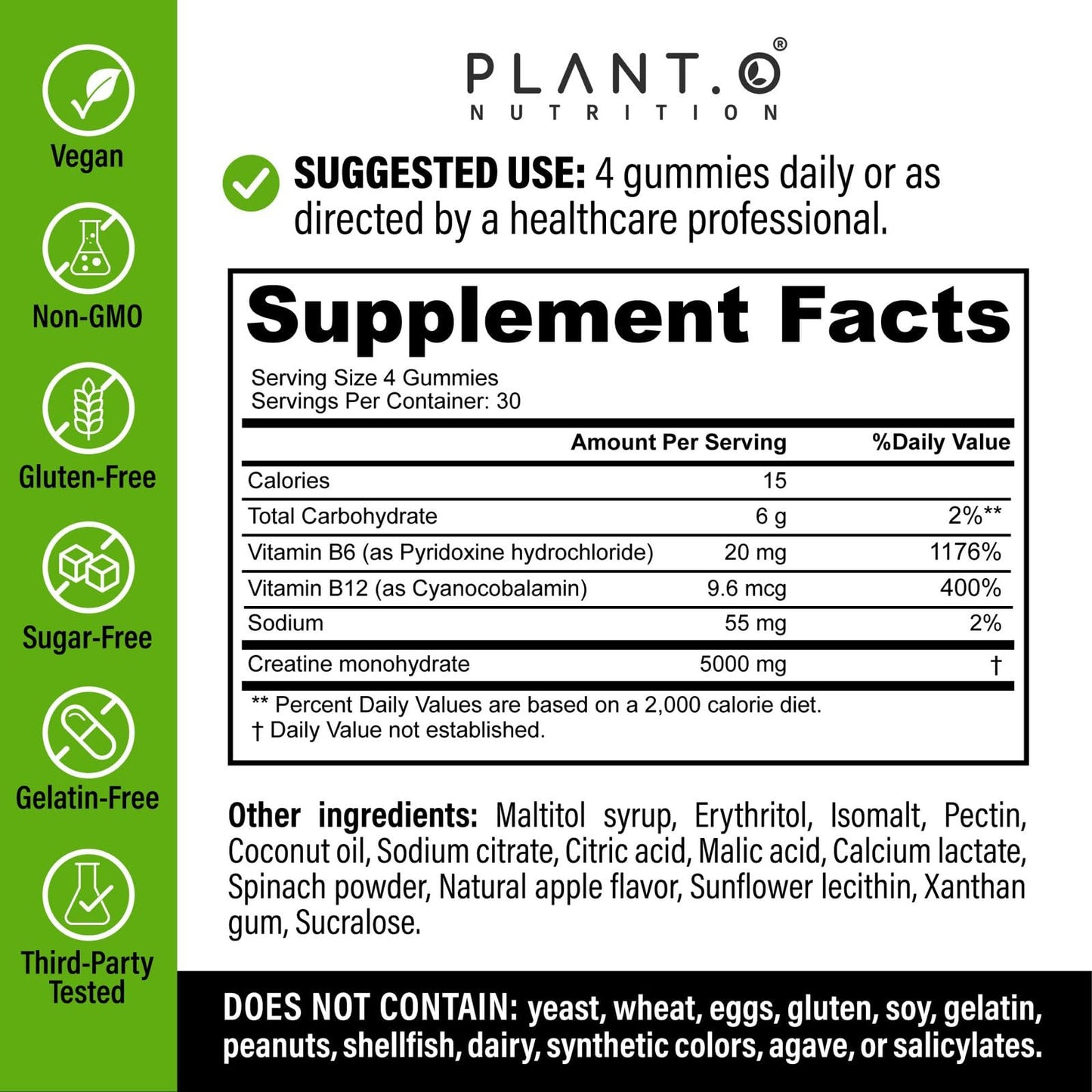 PLANT.O NUTRITION Creatine Monohydrate Capsules 60 Count