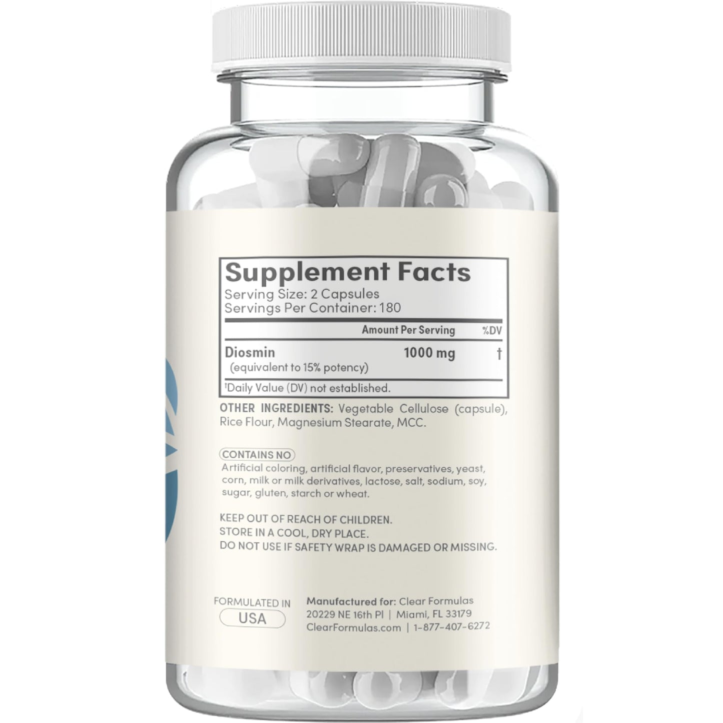 Clear Formulas Diosmin 1000mg Circulation and Vein Support Supplement Capsule 180 Count