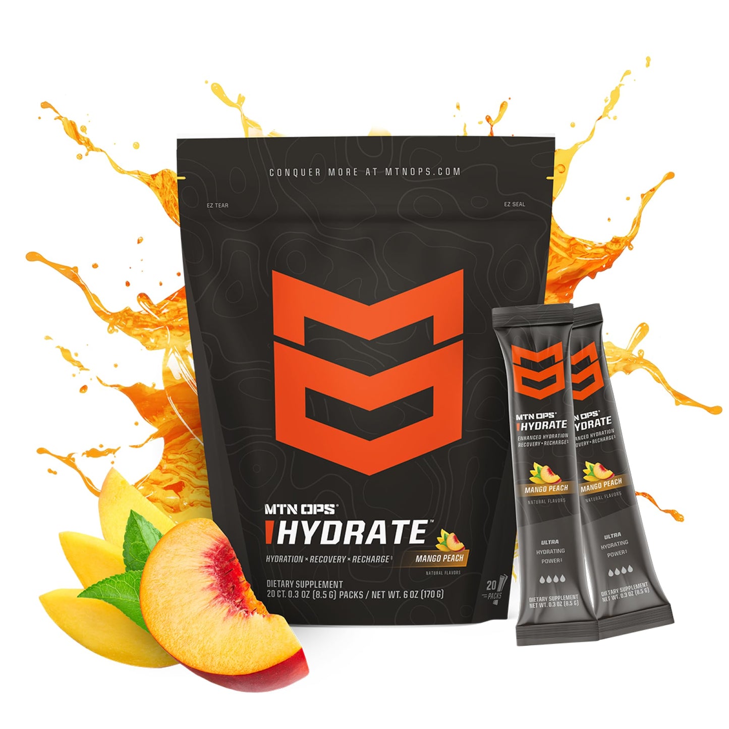 MTN OPS Hydrate Sugar Free Electrolyte Packets Mango Peach Powder, 6 Packets