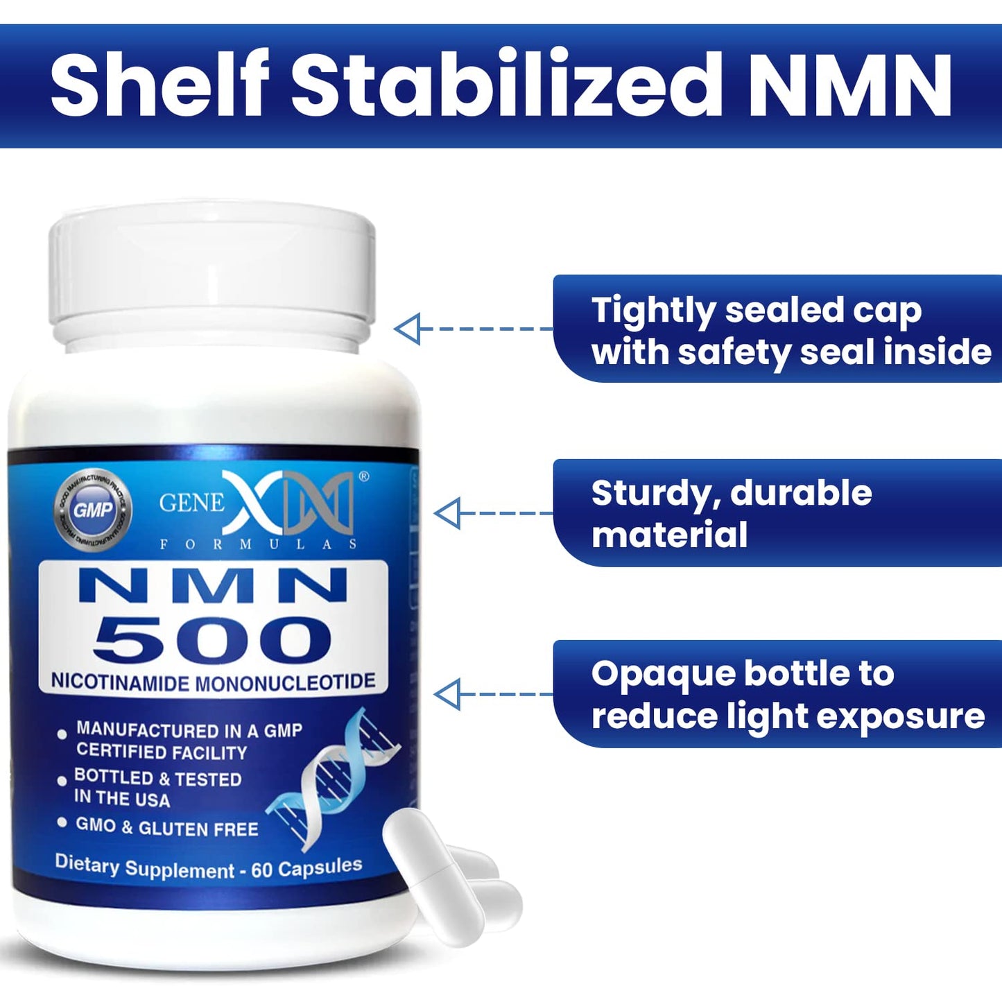 Genex Formulas NMN 500mg - 99% Pure Shelf Stabilized NMN Capsules, GMP Certified, 60 Capsules