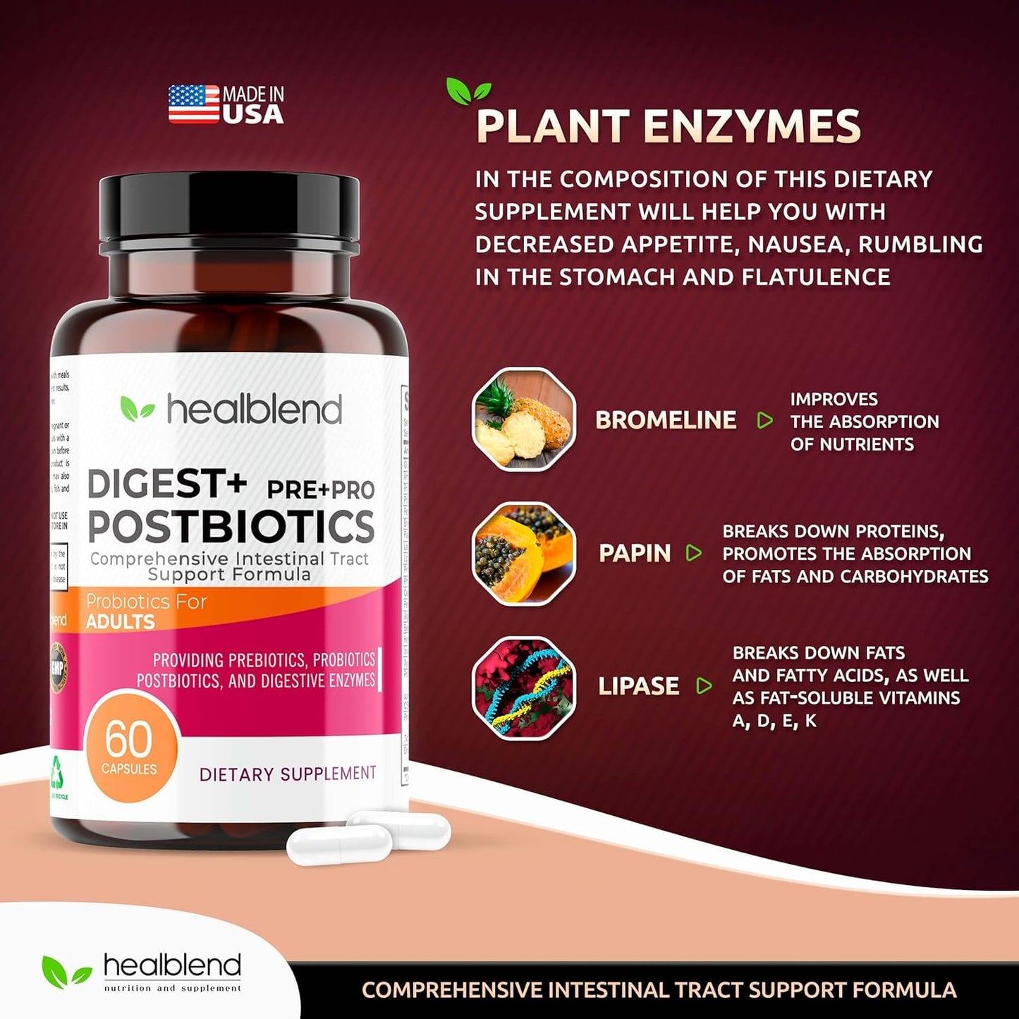 Healblend Digest + Postbiotics Supplement for Women and Men, Multi Enzymes, Organic Prebiotic & Probiotic for Digestive Health with Bromeline, Papin and Lipase, 60 Capsules