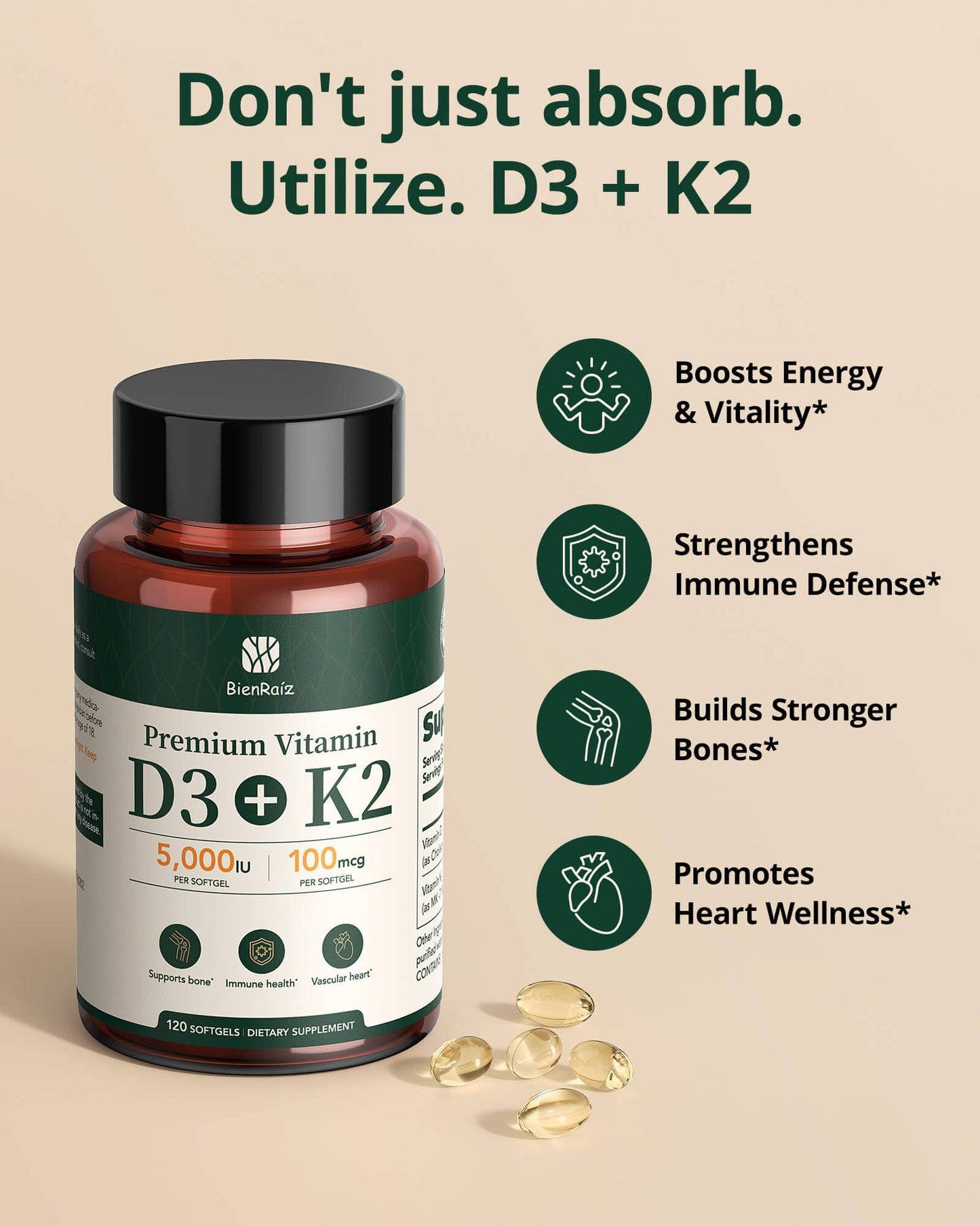 BienRaíz Vitamin D3 K2 5000IU 100mcg MK-7 Softgels, 120 Count