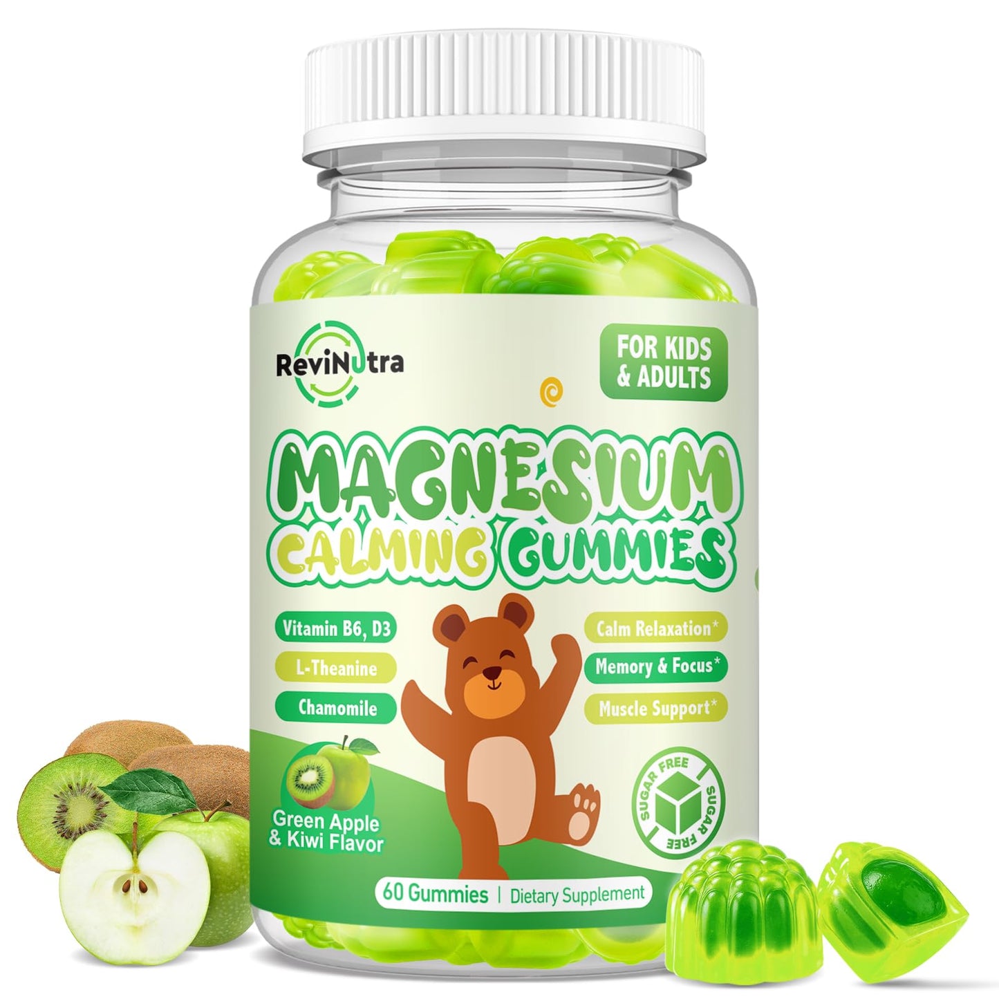 ReviNutra Magnesium Glycinate Gummies with L-Theanine, Vitamin B6, D3, 60 Count