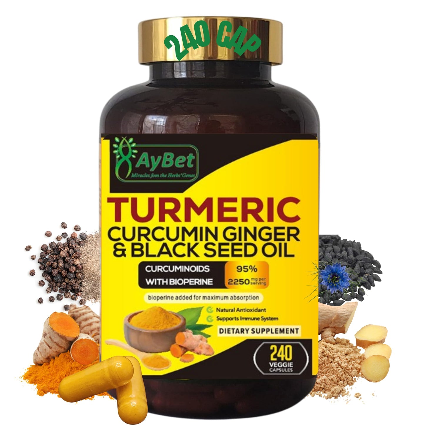 AyBet World 1st Turmeric Curcumin Ginger & Black Seed Oil Capsules, 240 Count