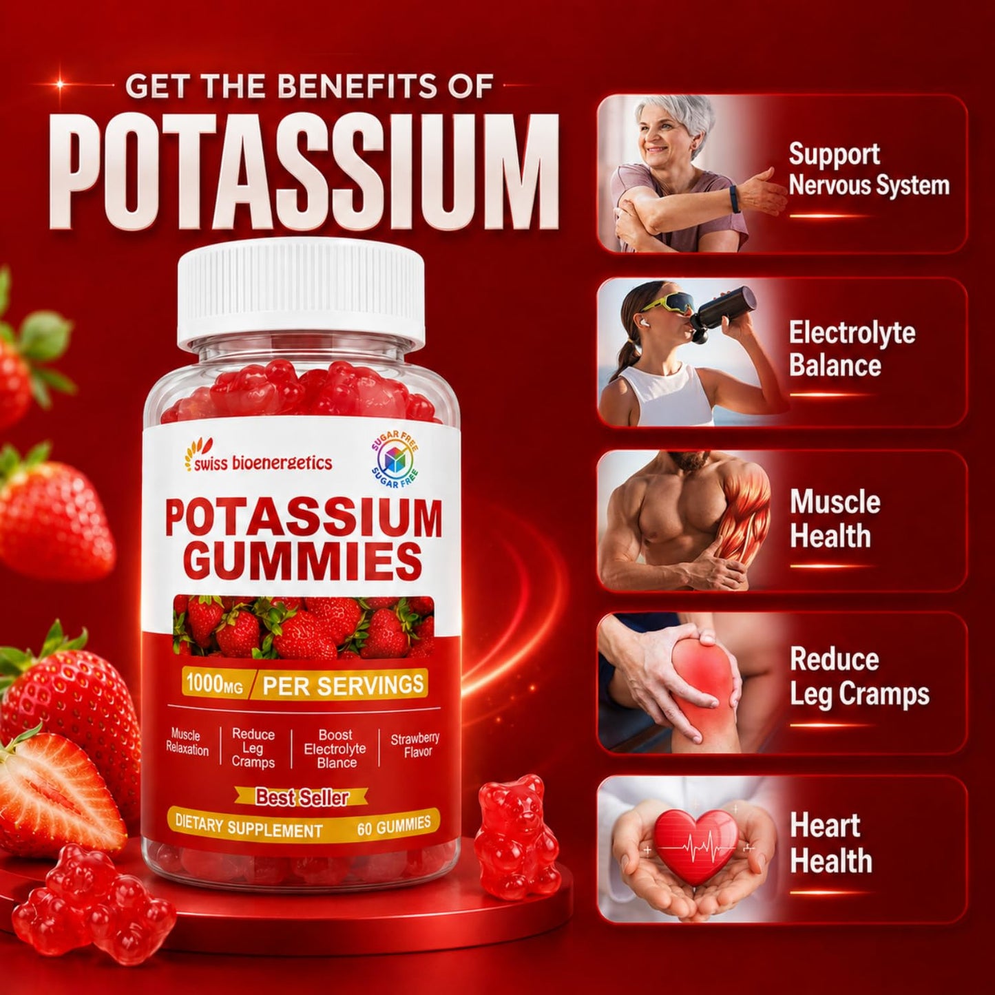 Swiss Bioenergetics Potassium Gummies for Adults & Kids, Strawberry Flavor, 120 Count