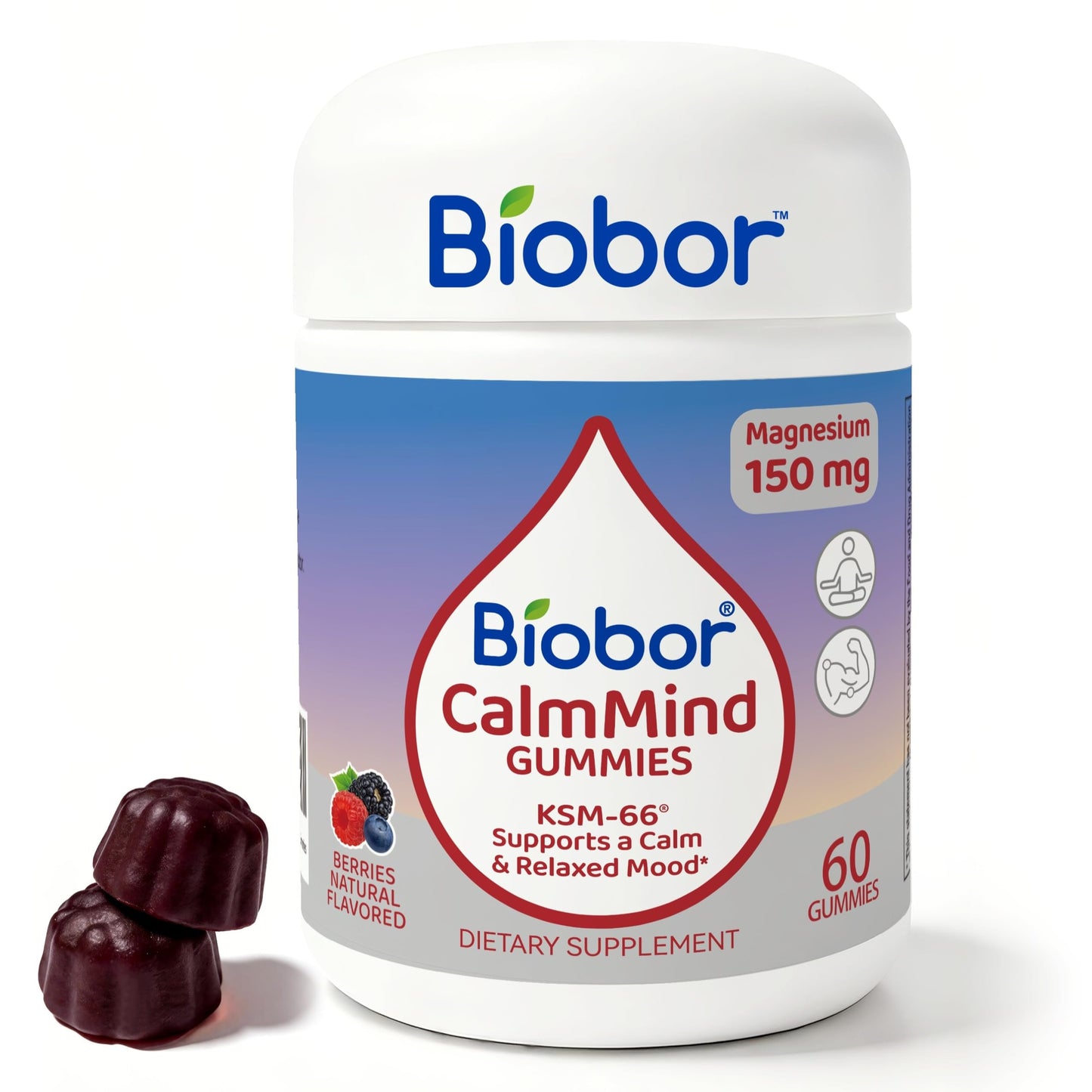 Biobor CalmMind Triple Magnesium Gummies with KSM-66 Ashwagandha, Magnesium Glycinate Citrate & Malate, Calm Mood, Relaxation & Muscle Health Supplement, 60 Gummies
