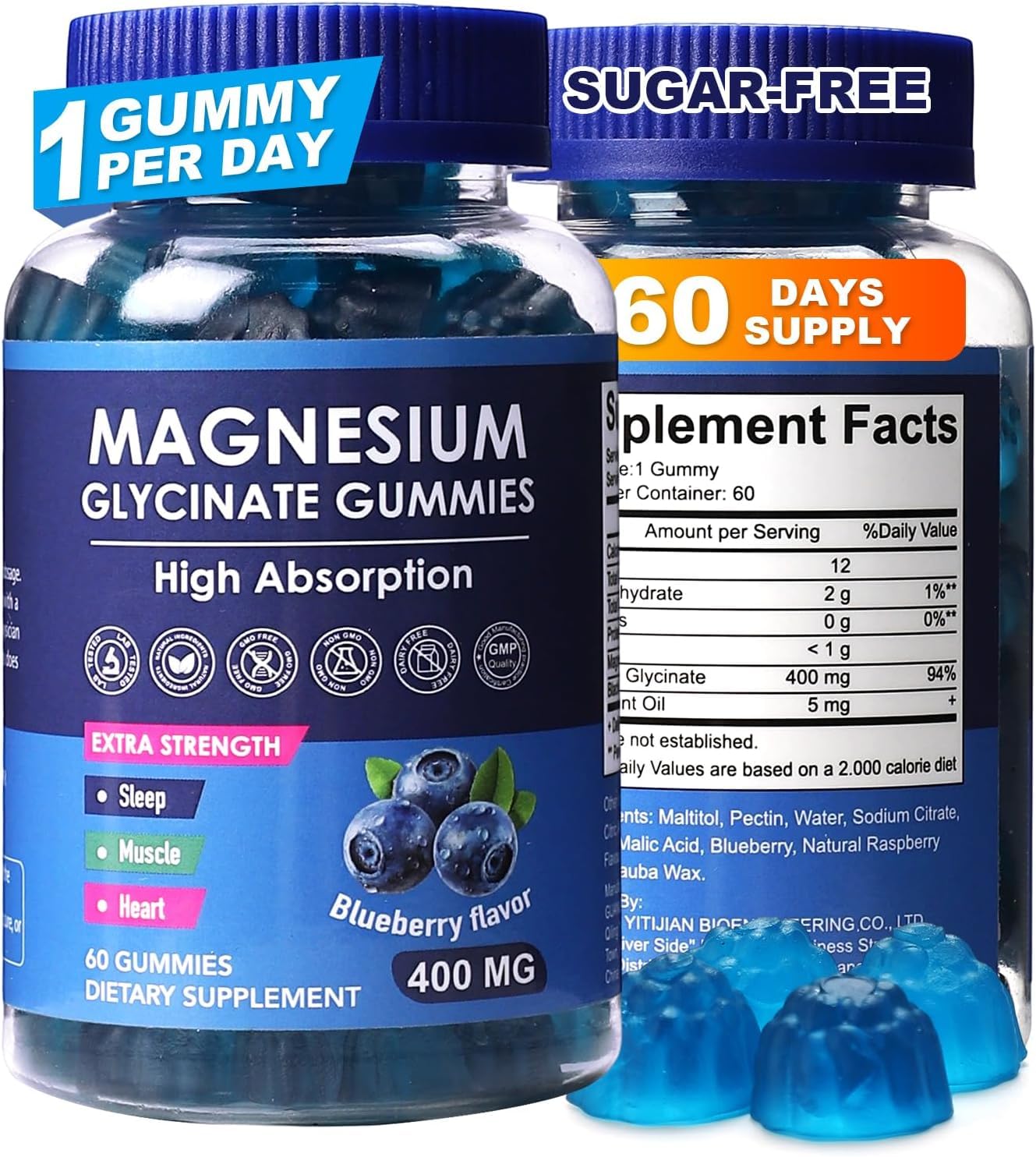 HISOKOI Magnesium Glycinate Gummies 400mg Blueberry Flavor, 60 Gummies