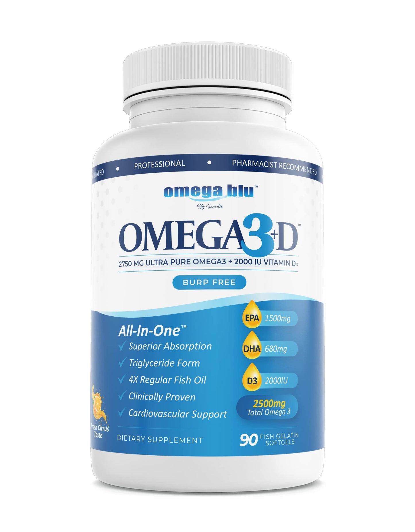 OMEGA BLU Triple Strength Pharmaceutical Grade Fish Oil 2750mg with Vitamin D3 50mcg - 1500mg EPA - 680mg DHA - Heart & Cholesterol Support - No Burps or Heartburn - High Concentration, 180 Softgels