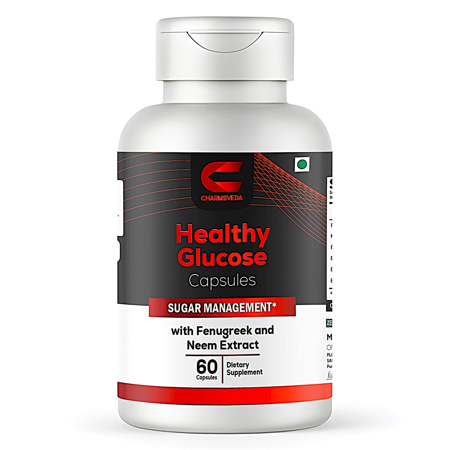 CHARMSVEDA Healthy Glucose Herbal Capsules with Fenugreek, Berberine, Neem, Bitter Gourd, Black Plum & Black Pepper, Daily Herbal Wellness Supplement, Vegan, Non-GMO, 60 Capsules