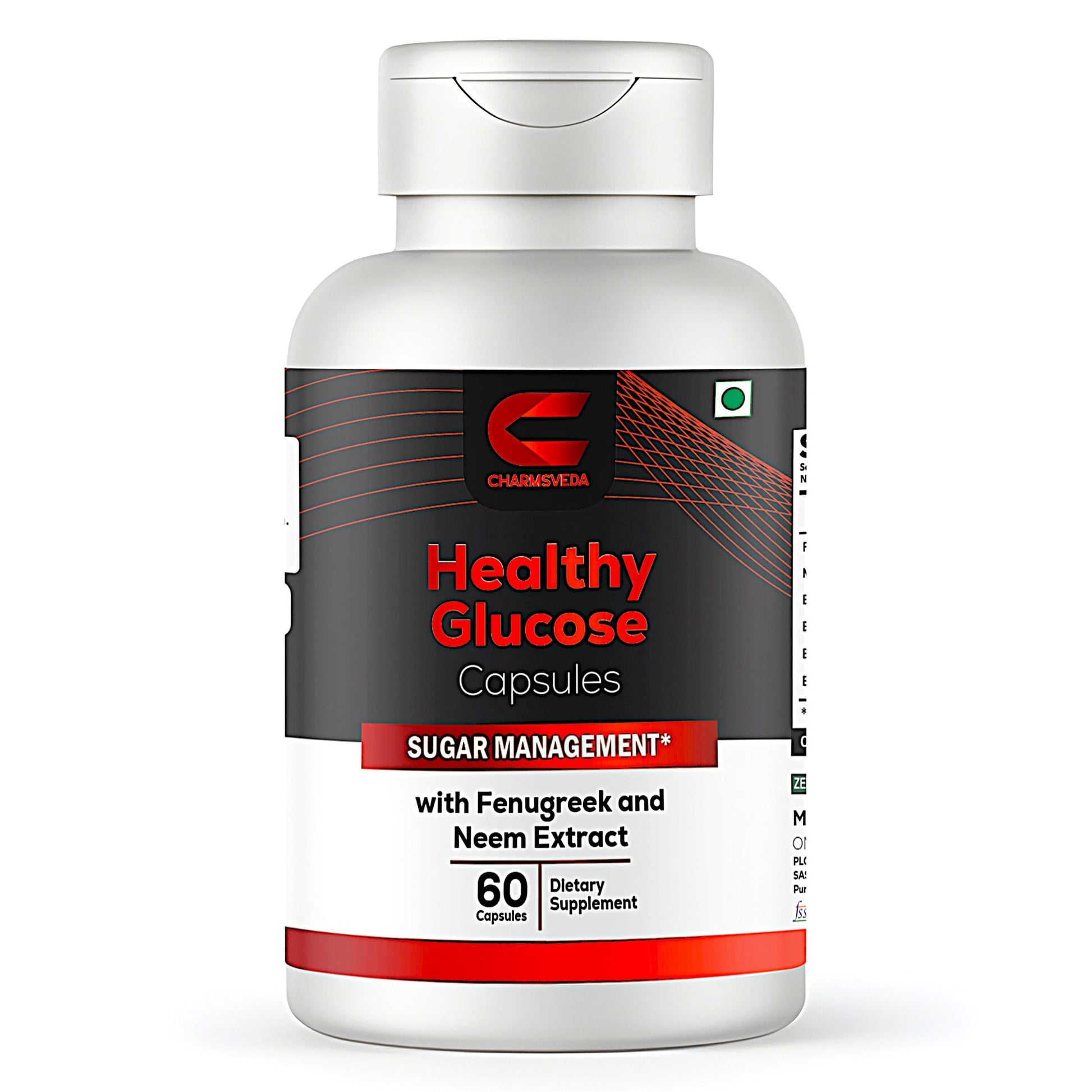 CHARMSVEDA Healthy Glucose Herbal Capsules with Fenugreek, Berberine, Neem, Bitter Gourd, Black Plum & Black Pepper, Daily Herbal Wellness Supplement, Vegan, Non-GMO, 60 Capsules