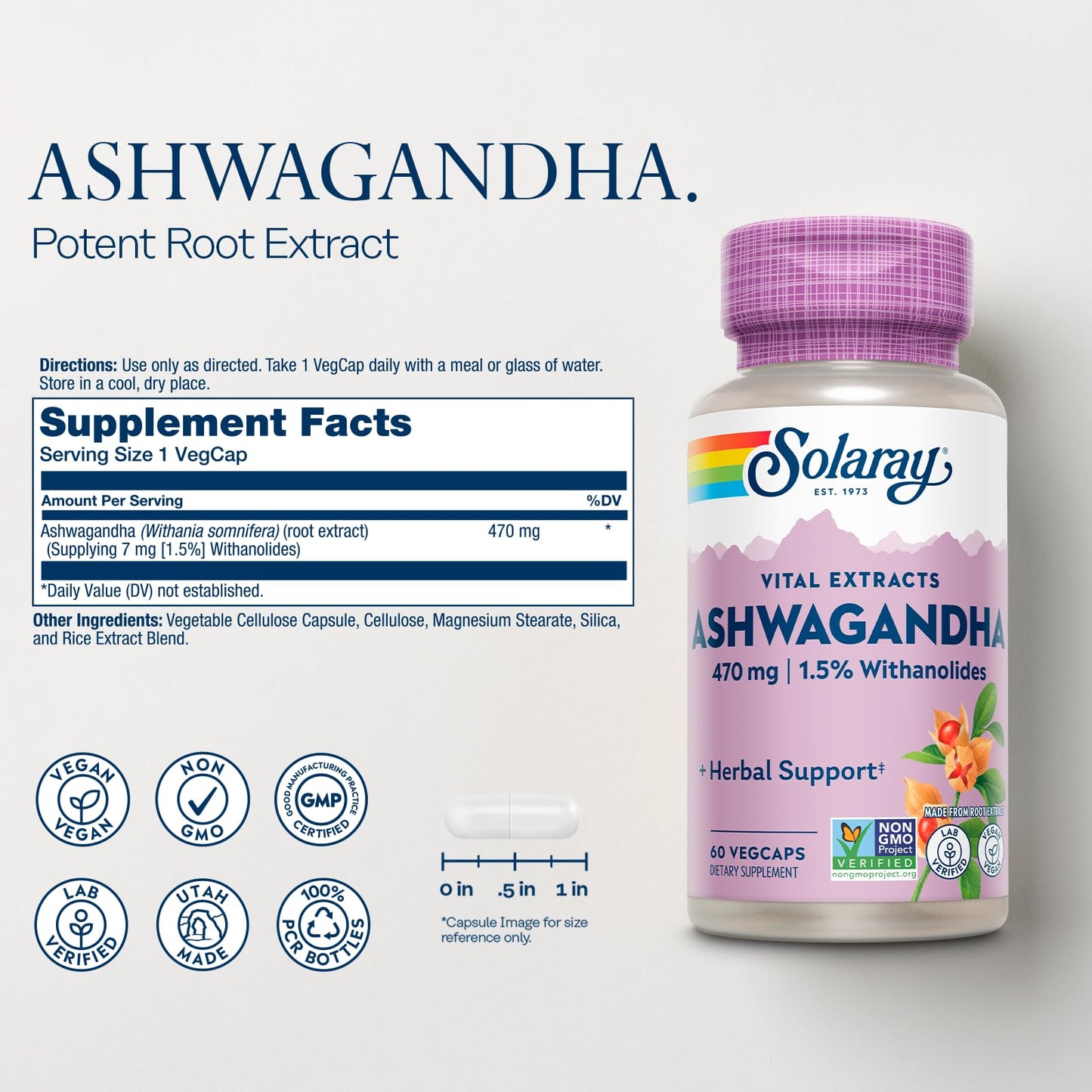 Solaray Vital Extracts Ashwagandha 470 mg Capsules, 60 Count
