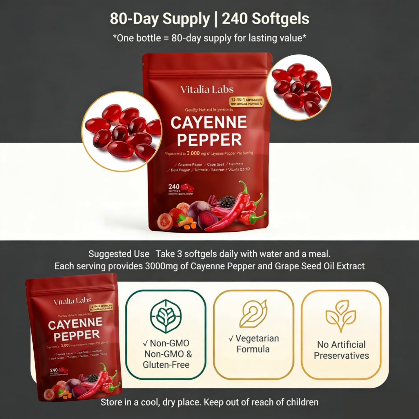 Vitalia Labs Cayenne Pepper Supplement Capsule, 240 Capsules