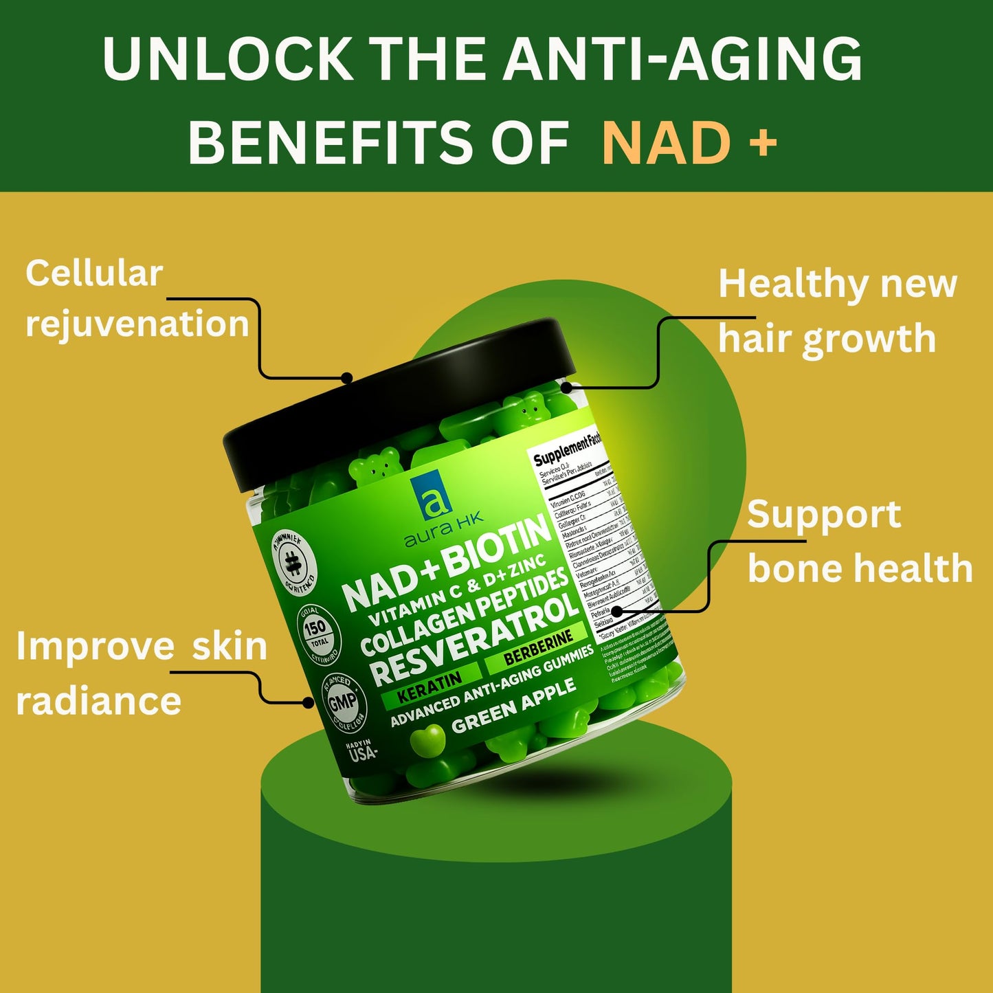 Aura HK NAD+ Biotin, Resveratrol, Berberine & Anti-Aging Gummies Apple Flavor, 120 Gummies