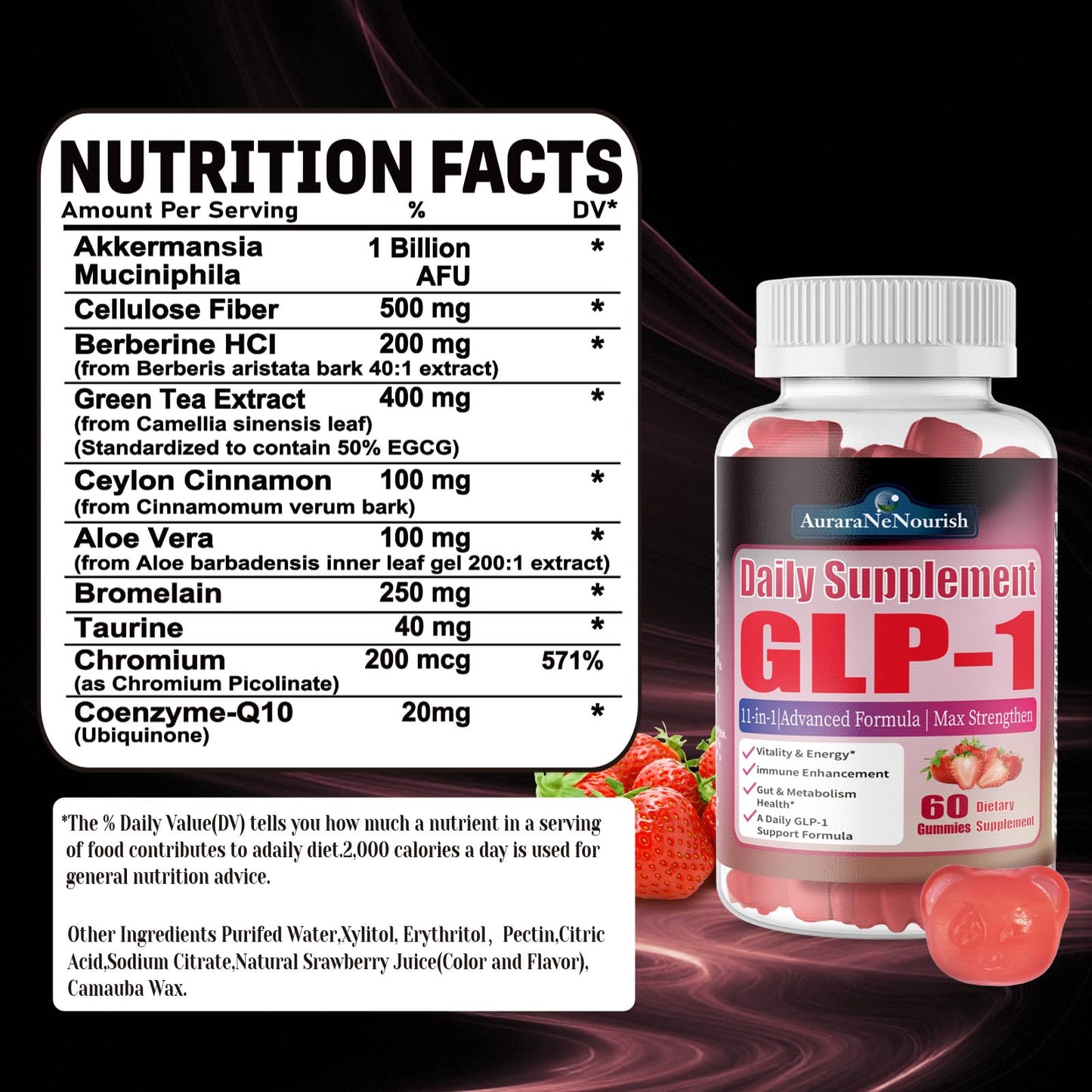 AuraraNeNourish GLP-1 Sugar Free Probiotic Gummy Supplement with Akkermansia Muciniphila, Berberine & Ceylon Cinnamon, 60 Gummies