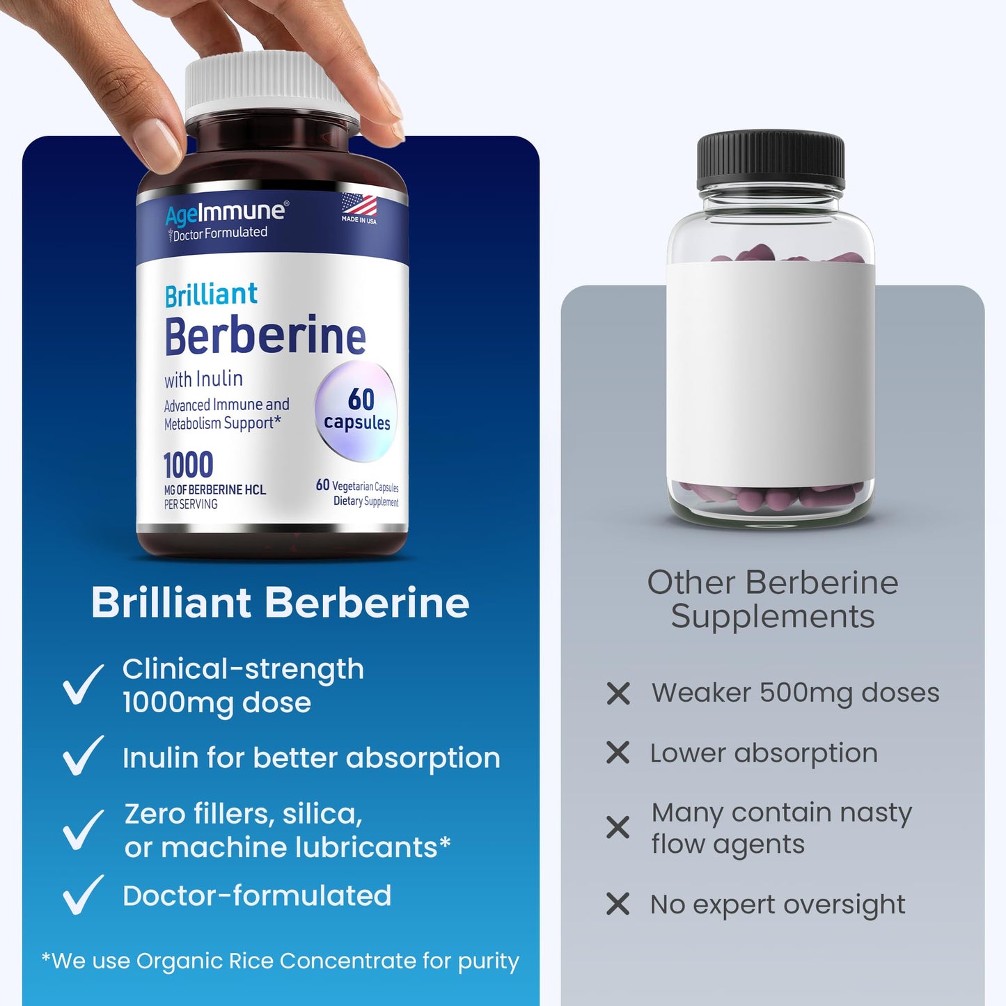 AgeImmune Berberine 1000mg Supplement Complex with Inulin Prebiotic Capsule, 60 Count