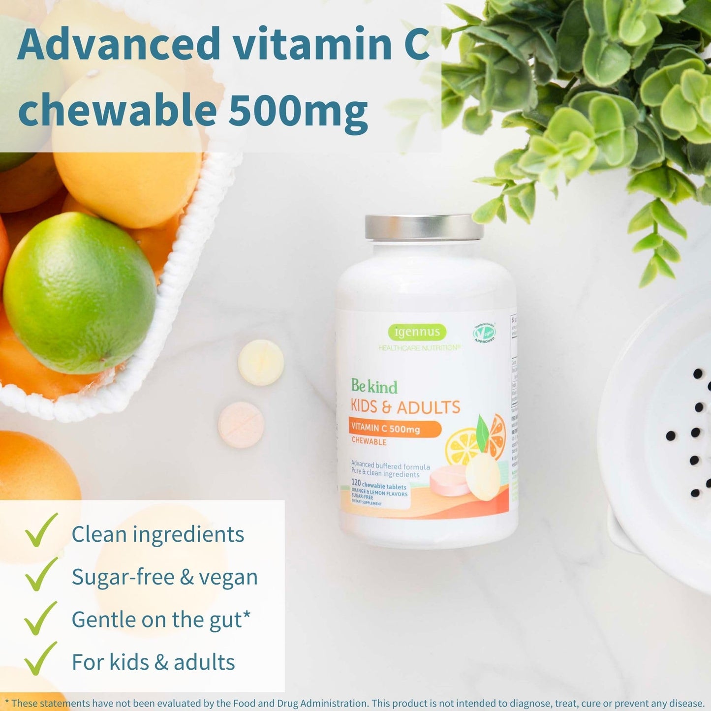 Igennus Healthcare Nutrition Vitamin C Chewable 250-500mg Gentle & Buffered for Kids & Adults, 120 Count