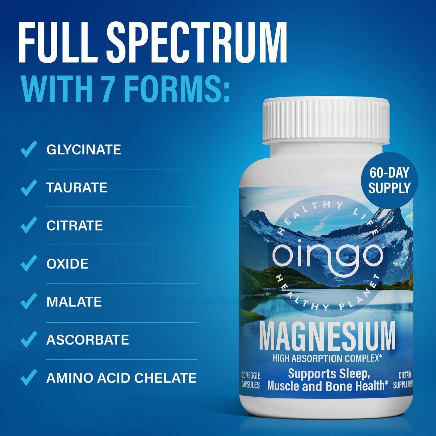 Oingo High Absorption Magnesium Complex – 7 in 1 Magnesium Supplement with Magnesium Glycinate, Citrate, Malate, 250 mg, 120 Capsules