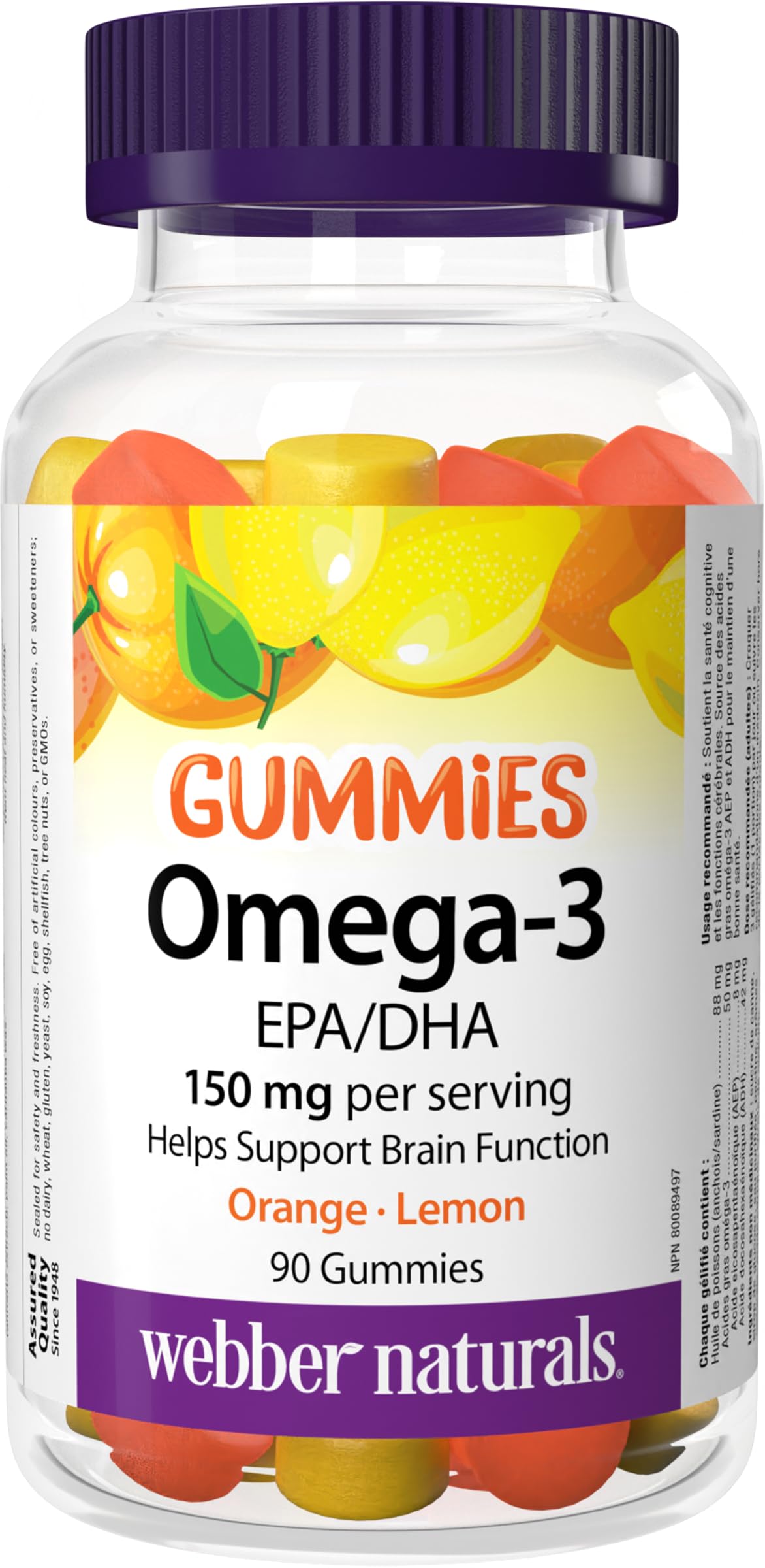 Webber Naturals Omega-3 Gummies 50 mg EPA/DHA, Orange, Cherry, Lemon, 90 Gummies