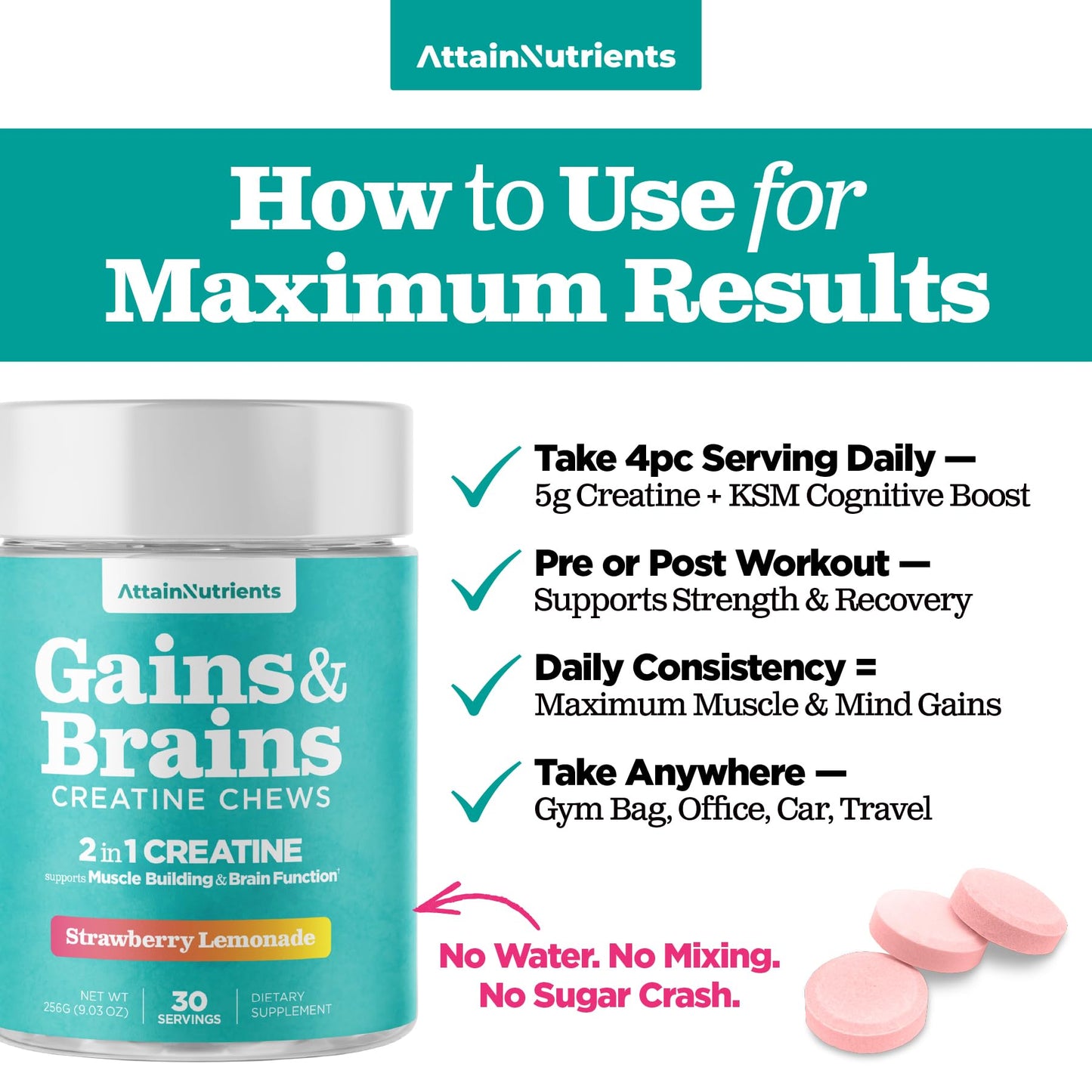 Attain Nutrients Creatine Monohydrate Tablets, 30 Count