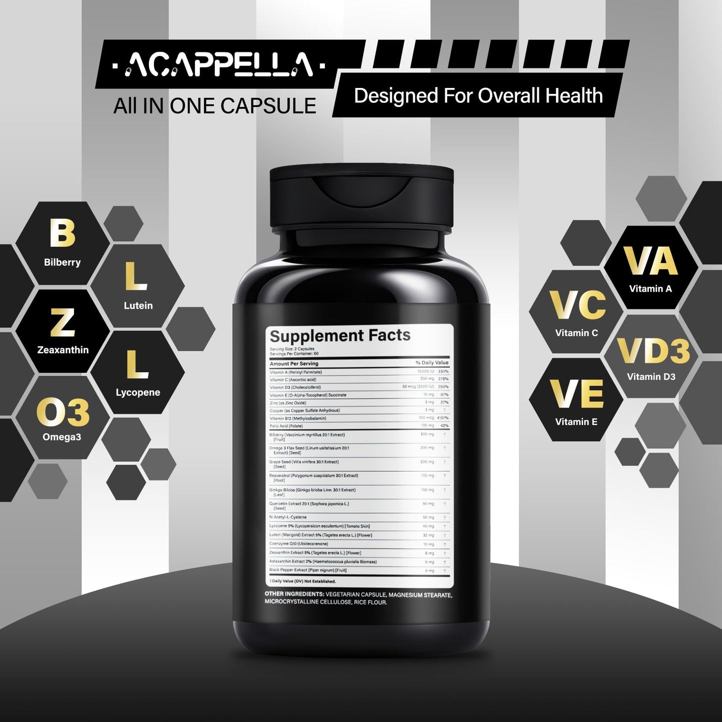 ACAPPELLA Bilberry Lutein Zeaxanthin Lycopene Omega-3 Grape Seed Extract Resveratrol Capsule, 120 Capsules
