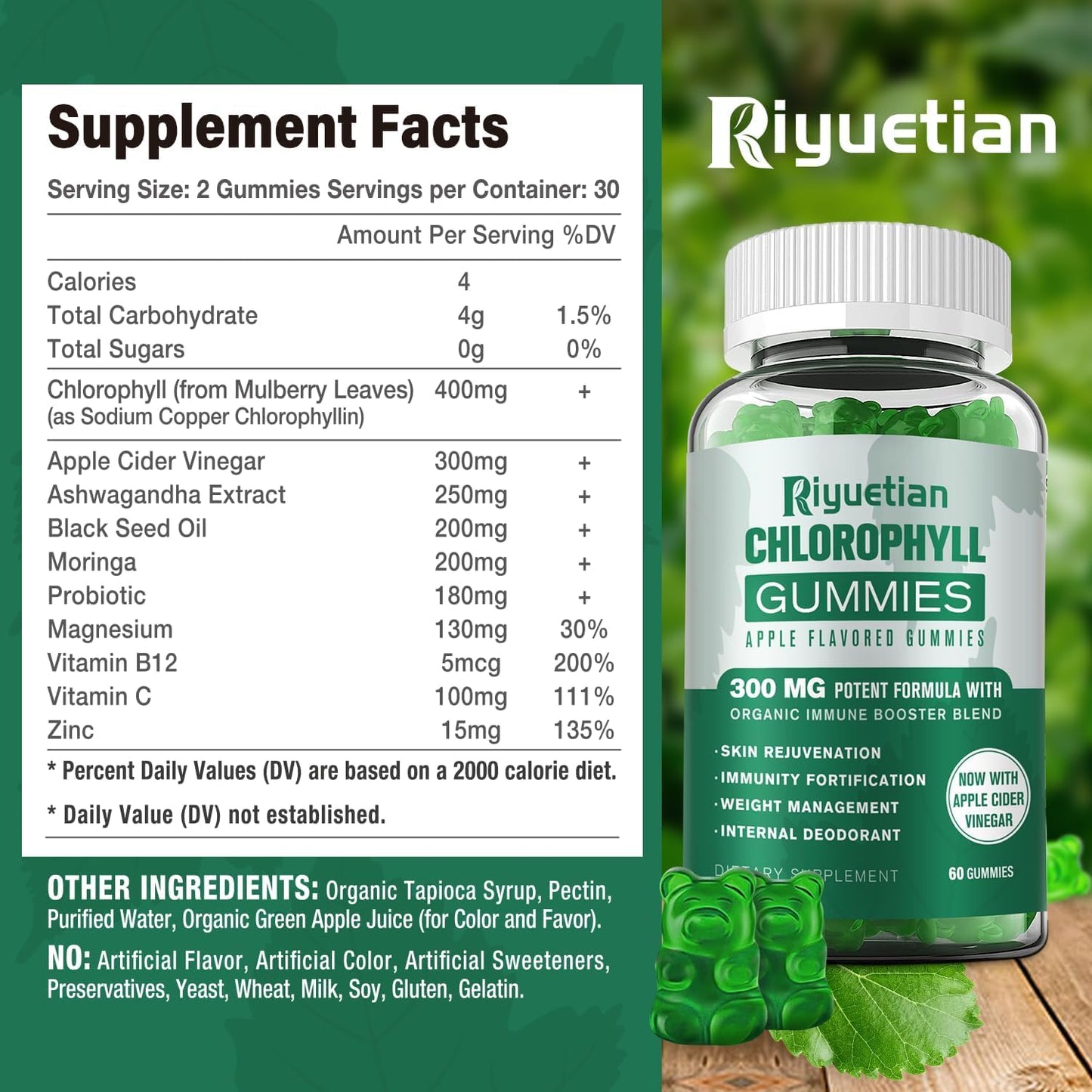 Riyuetian Sugar Free Chlorophyll Gummies with Unfiltered ACV, Sea Moss, Elderberry, Echinacea, Vitamin D3, C, E, B12, Vegan, 60 Gummies