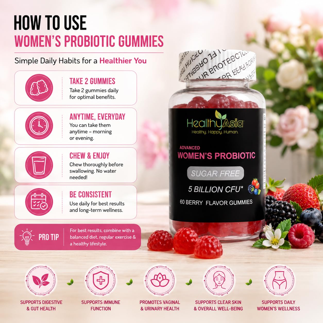 HealthyAsia Black Label Women's Probiotic Gummies Chewable 60 Count