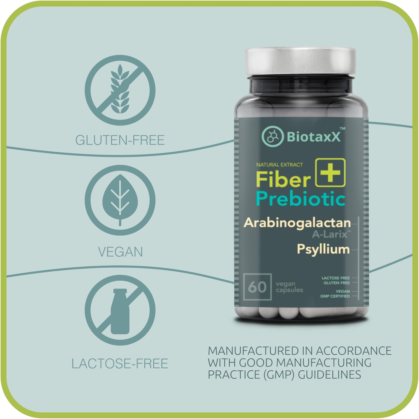 BiotaxX Psyllium Husk (Plantago ovata) + Arabinogalactan ≥95% – 660 mg, 60 Vegan Capsules