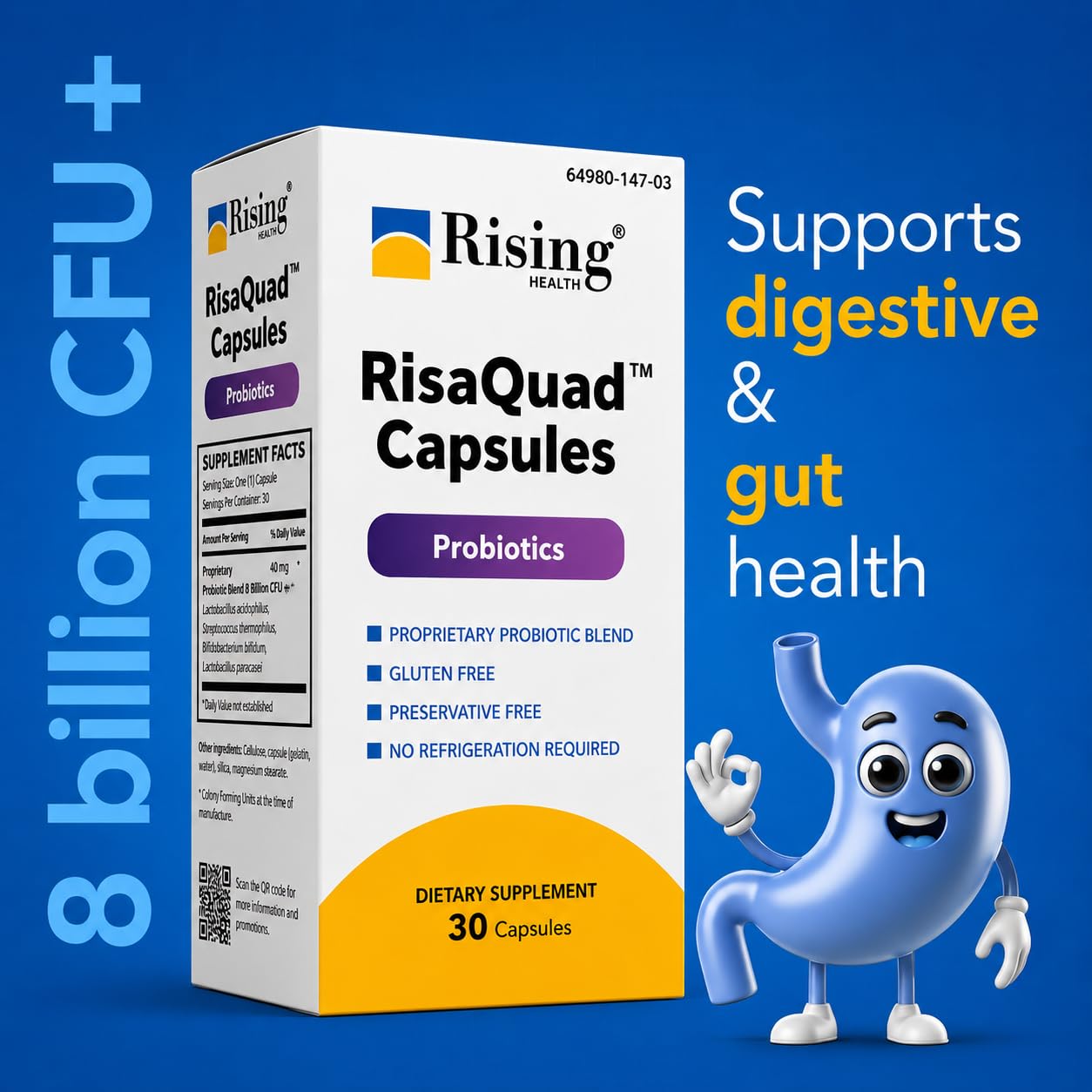 Rising RisaQuad Probiotic Capsules 40 mg (8 Billion CFU+) Proprietary Probiotic Blend for Daily Digestive & Gut Health Support, 30 Capsules