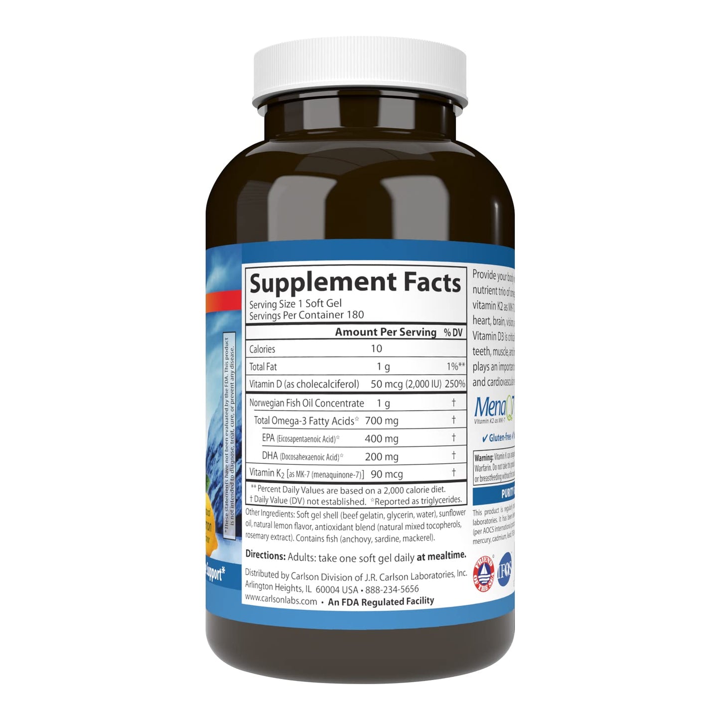 Carlson Elite Omega-3 Plus D & K Softgels 180
