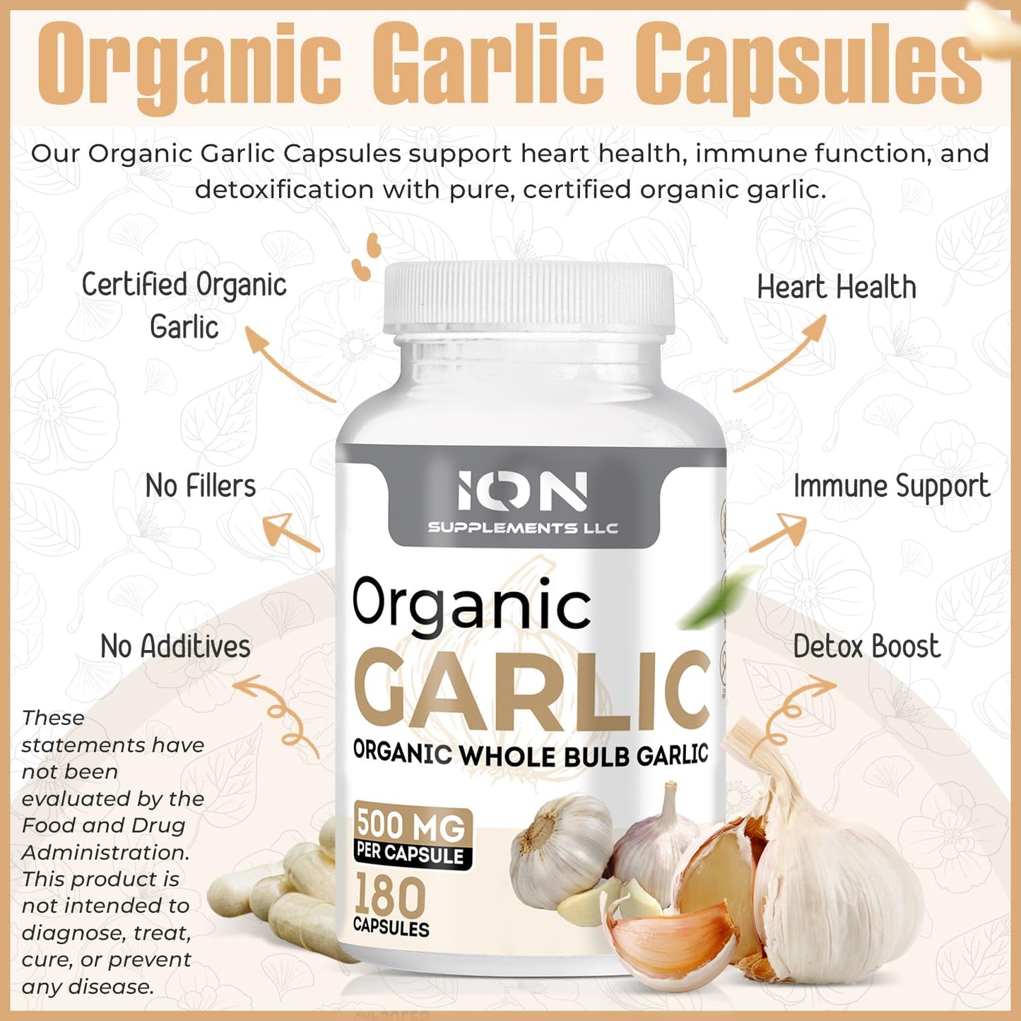 Ion Supplements LLC Herbal Organic Whole Bulb Garlic Capsules, 500 mg, 180 Count