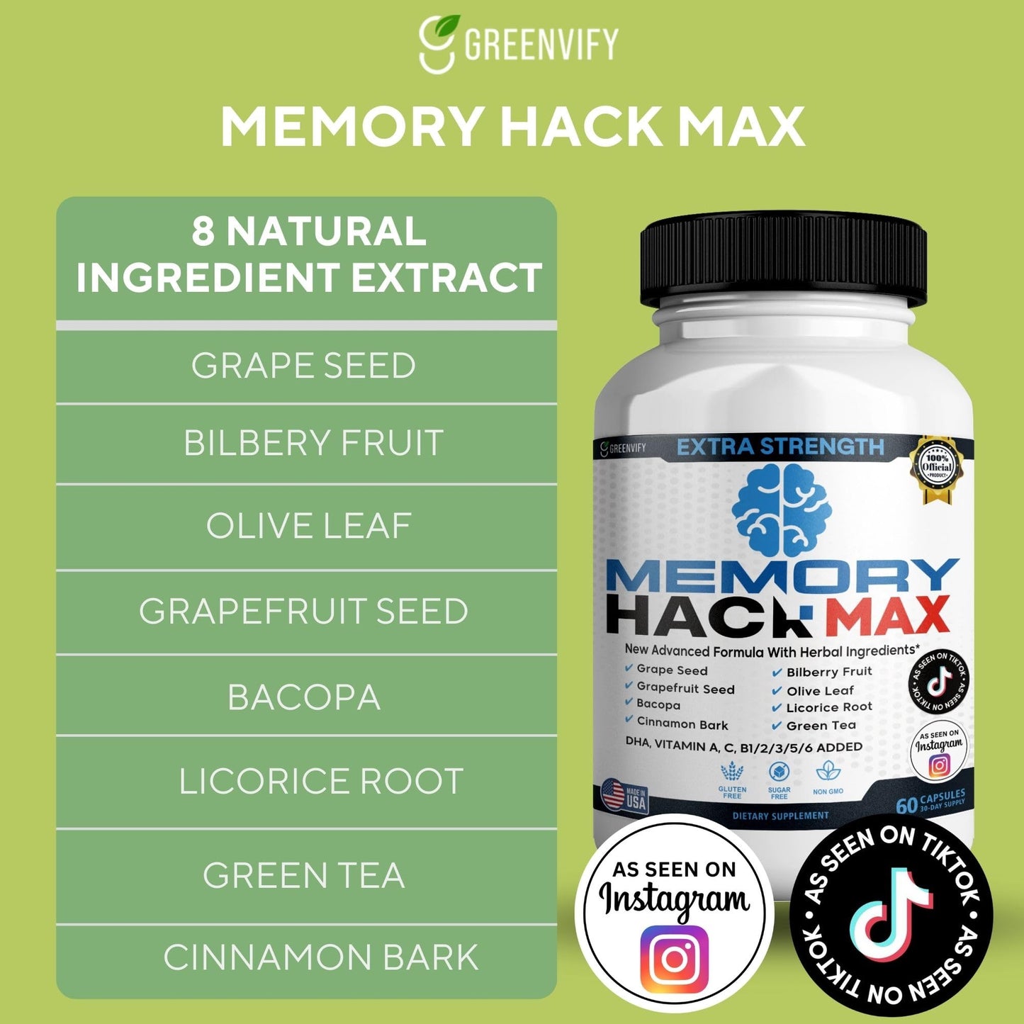 GREENVIFY Memory Hack Max Brain Support Supplement, 60 Capsules