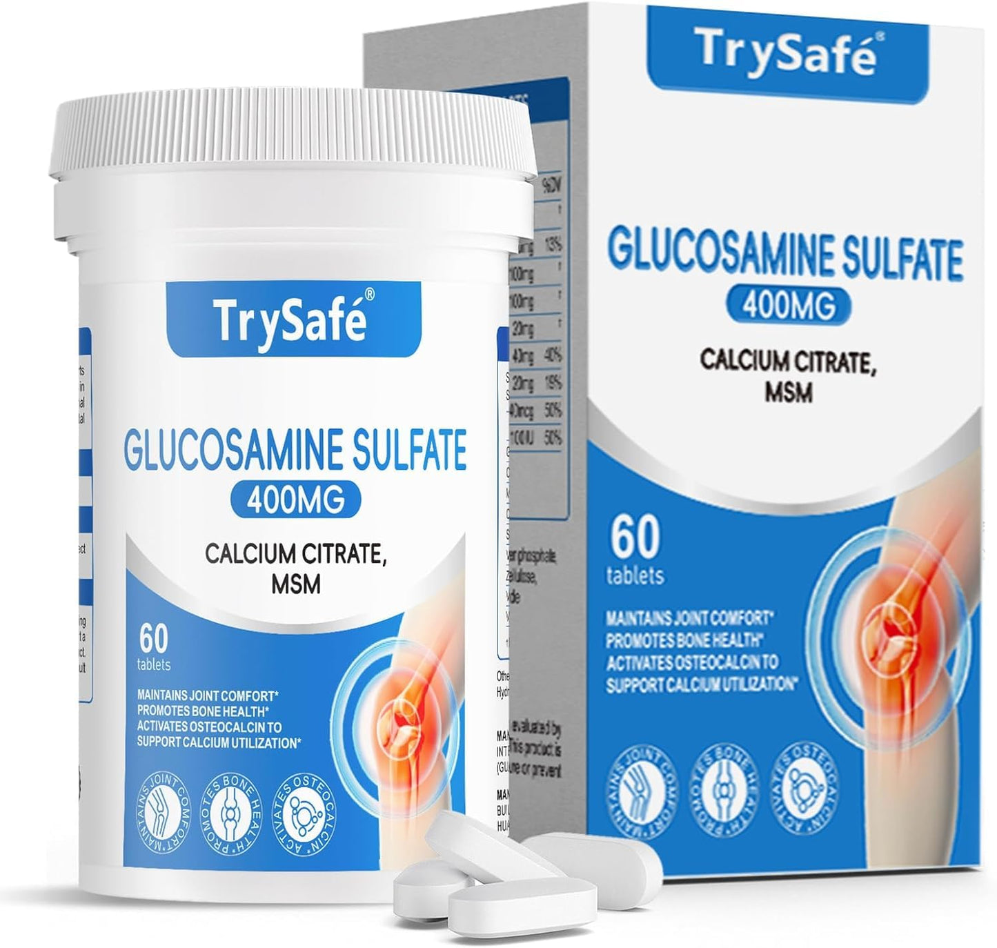 TrySafe 600mg Glucosamine Chondroitin MSM Supplement for Joint & Bone Support 60 Capsules