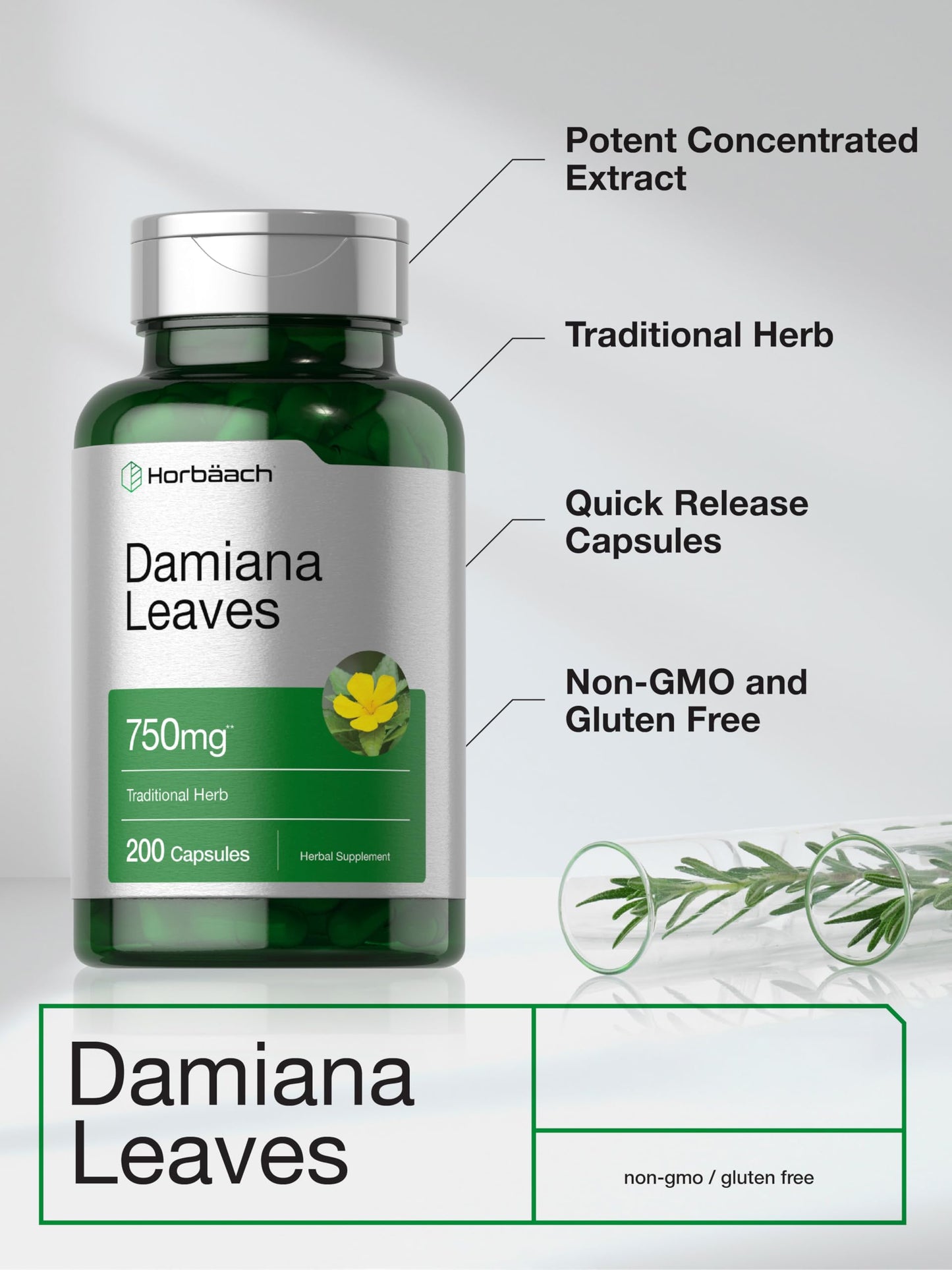 Horbäach Damiana Leaf Extract Capsules, 200 Capsules