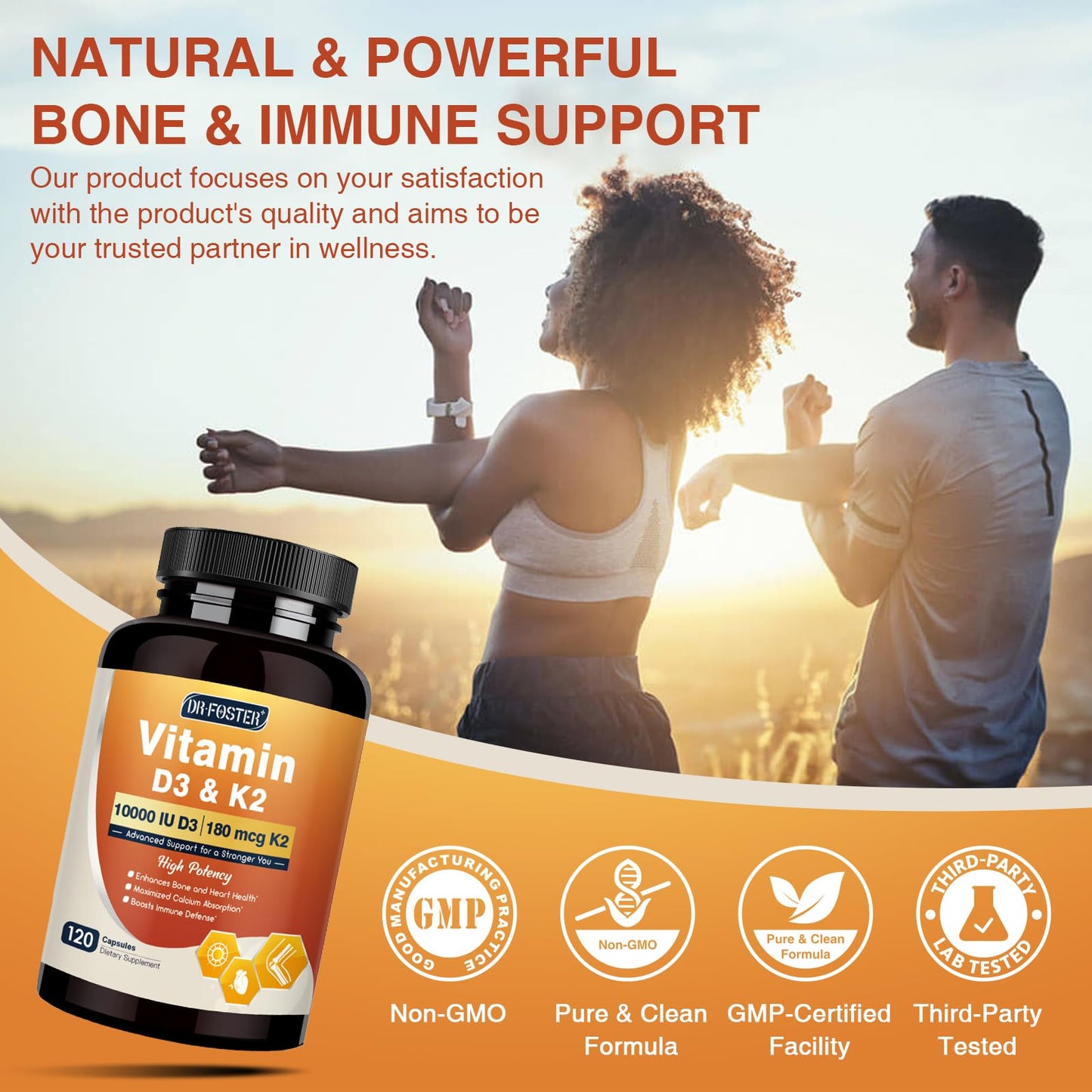 DRFOSTER Vitamin D3 K2, 10000 IU D3 + 180 mcg K2, Capsules, 120
